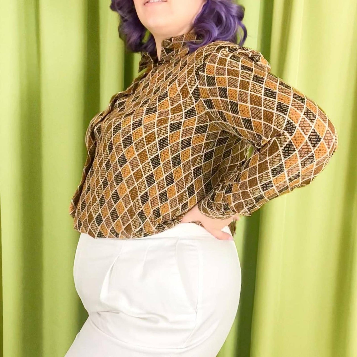 90s Vintage Black and Brown Diamond Print 100% Silk Blouse
