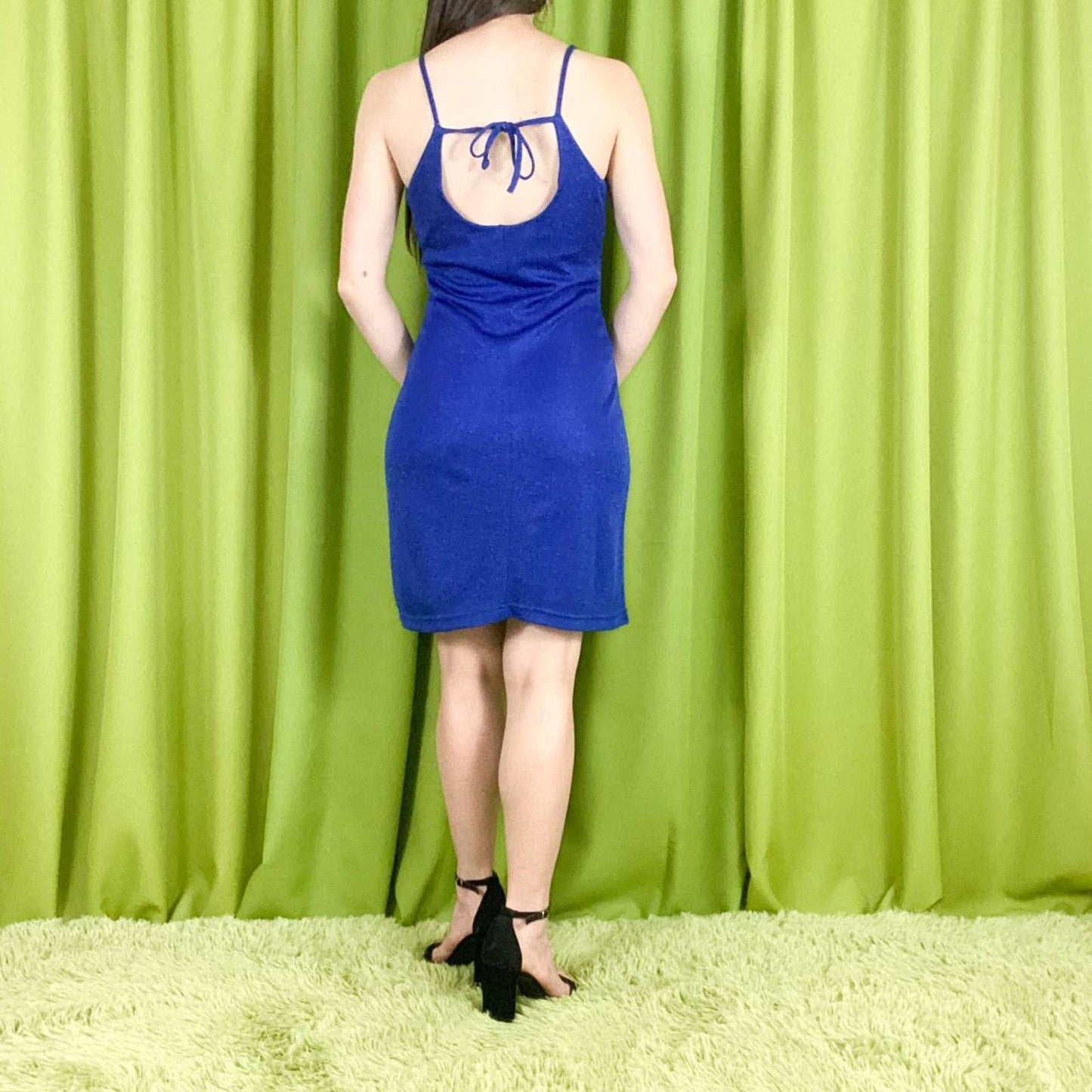 90s Vintage Royal Blue Glittery Spaghetti Strap Empire Waist Lurex Mini Dress