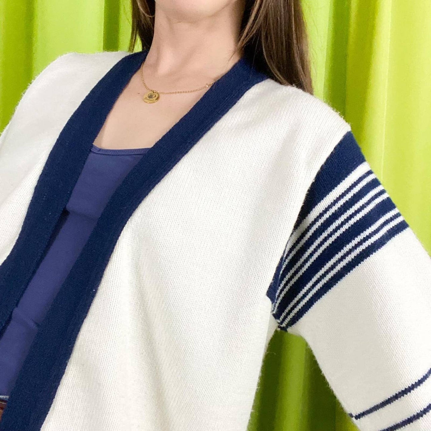 70s Vintage White and Navy Striped Wide Sleeve Open Knit Cardigan