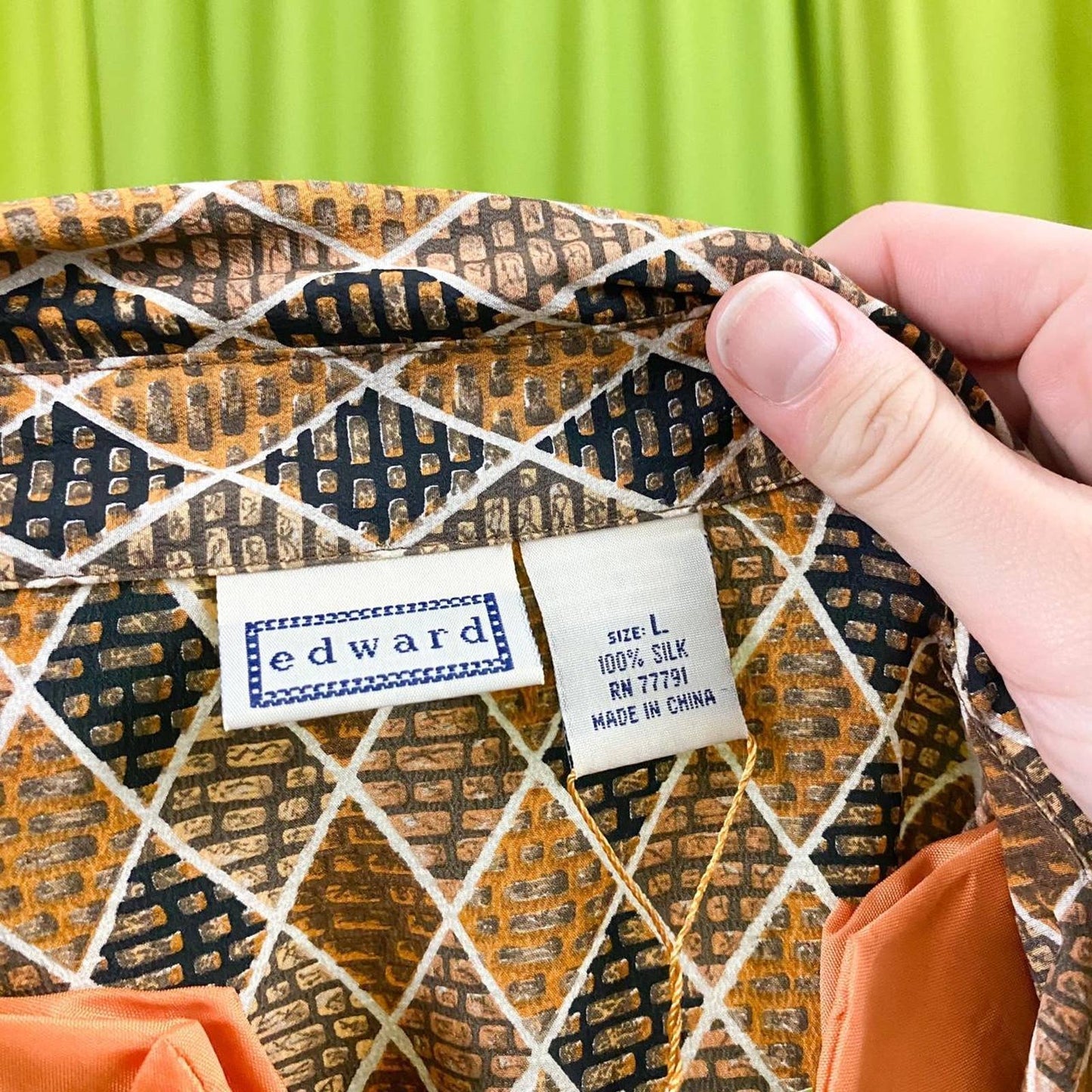90s Vintage Black and Brown Diamond Print 100% Silk Blouse