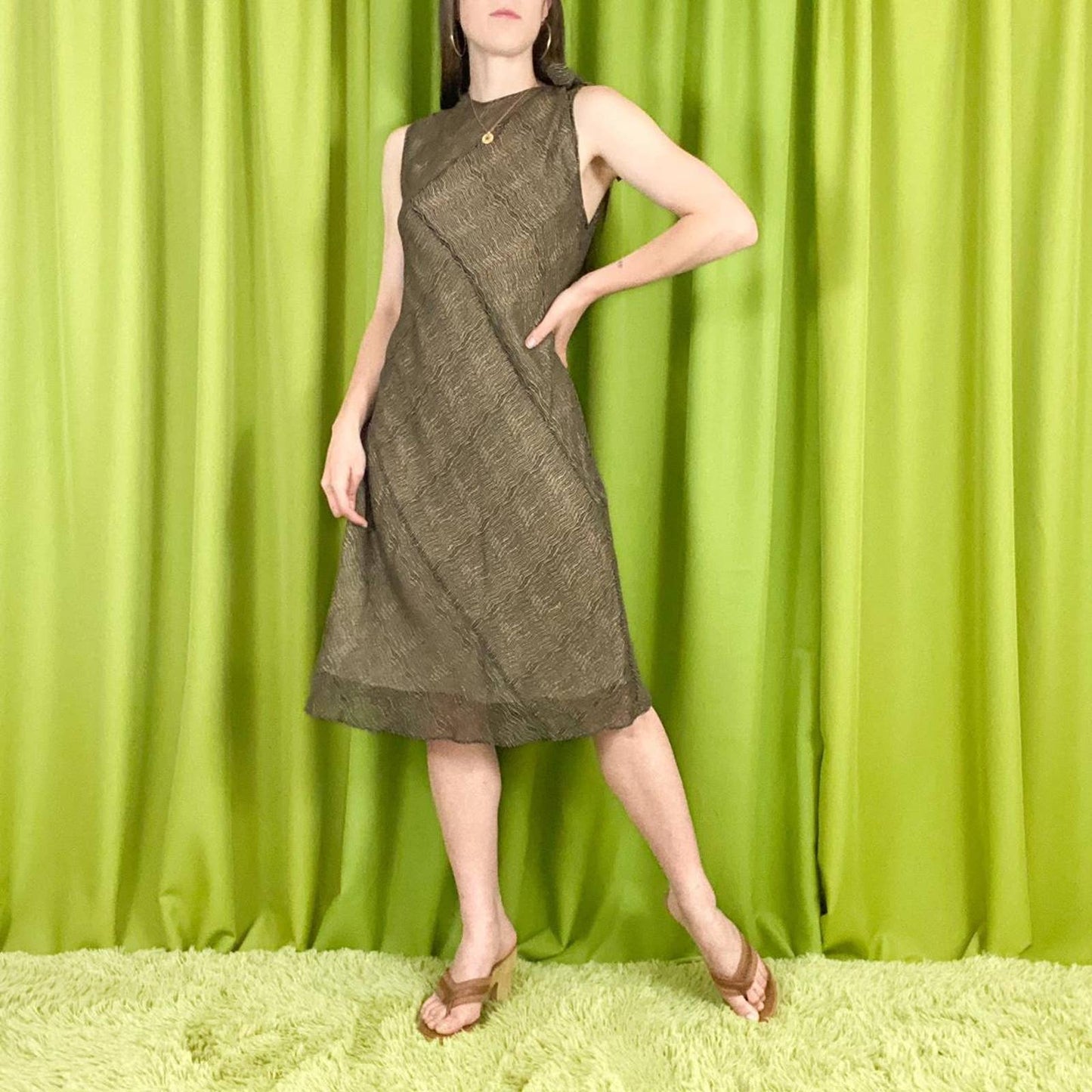 Y2K Vintage Tan and Black Swirl Print 100% Silk Sheath Dress with Bow