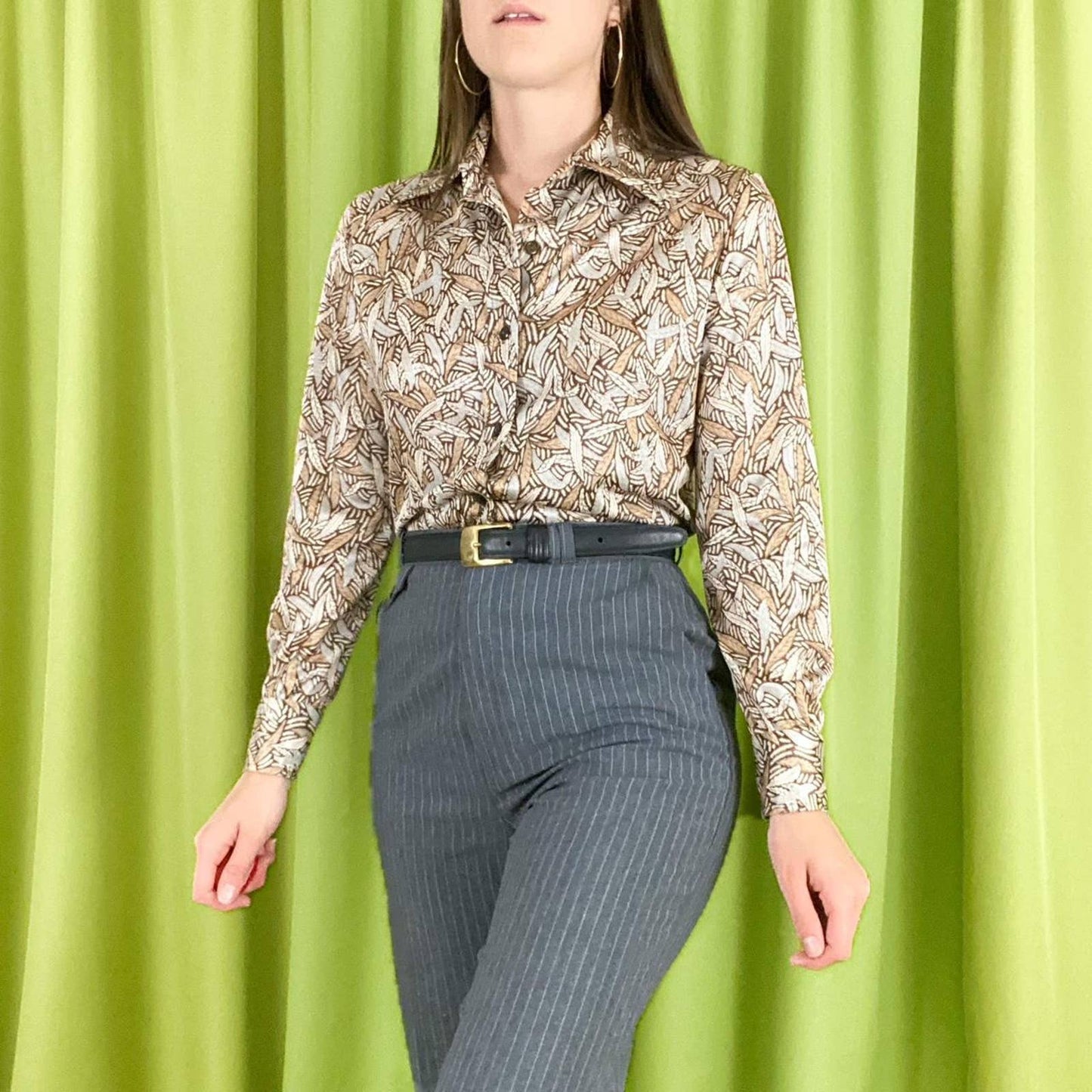 70s Vintage Brown Tan and Grey Leaf and Feather Print Dagger Collar Blouse