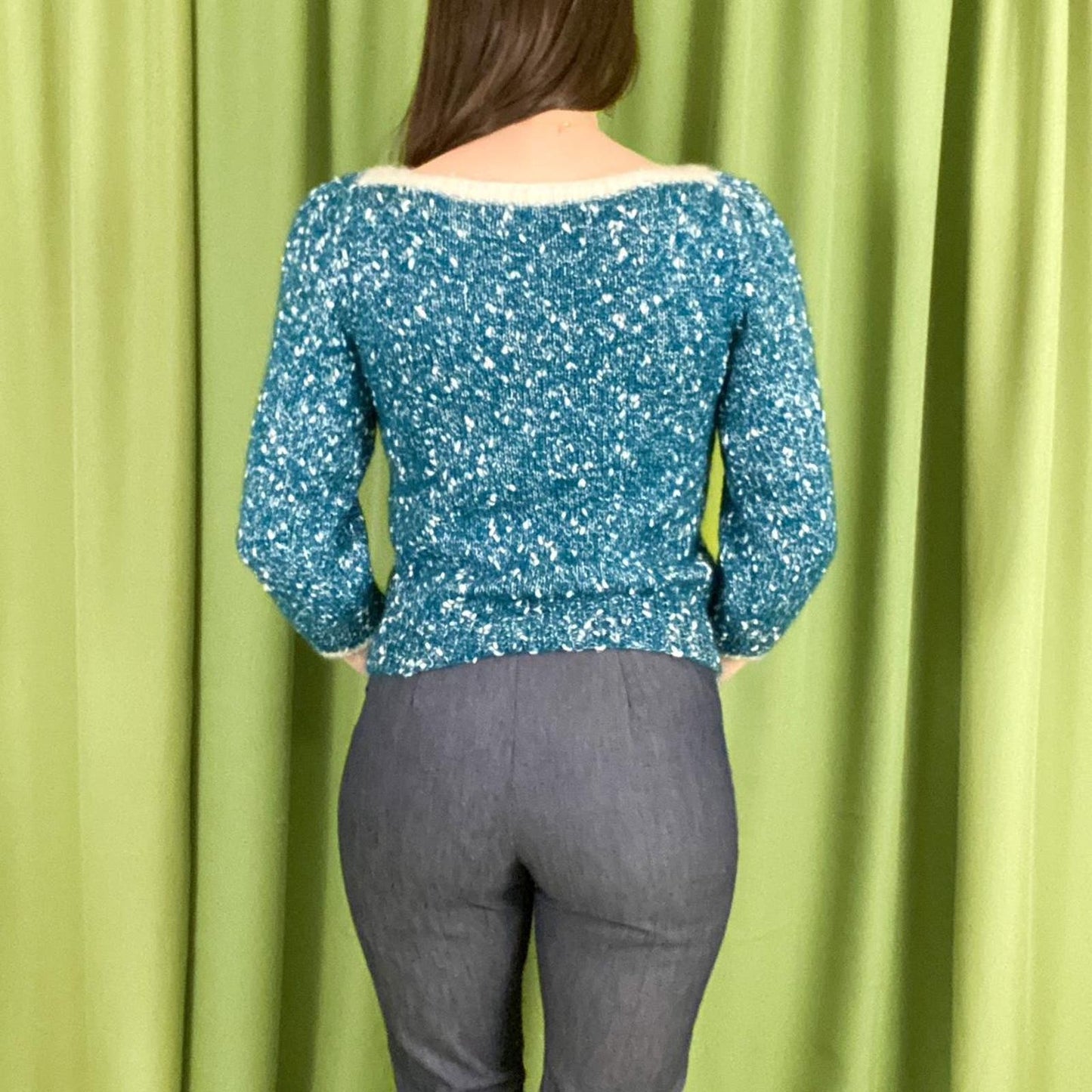 80s Vintage Teal and White Boucle Knit Boat Neck Sweater