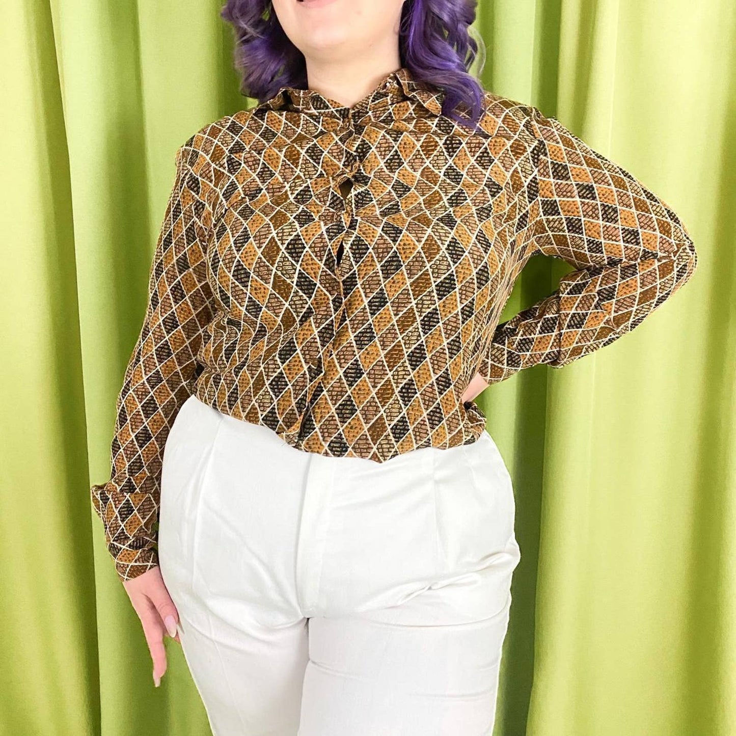90s Vintage Black and Brown Diamond Print 100% Silk Blouse