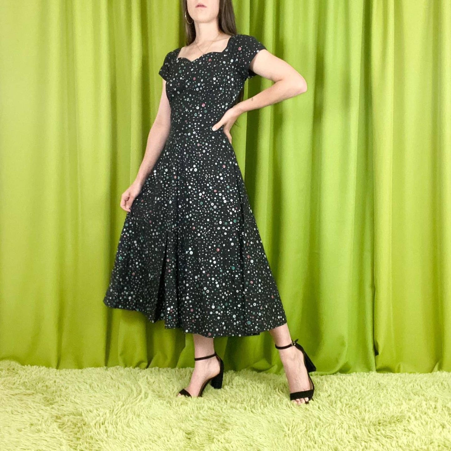 50s Vintage Black Pink and White Atomic Floral Print A Line Day Dress