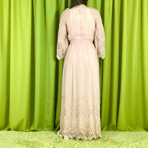 70s Vintage Dusty Pink Maxi Dress with Chiffon Embroidered Bell Sleeves and Hem