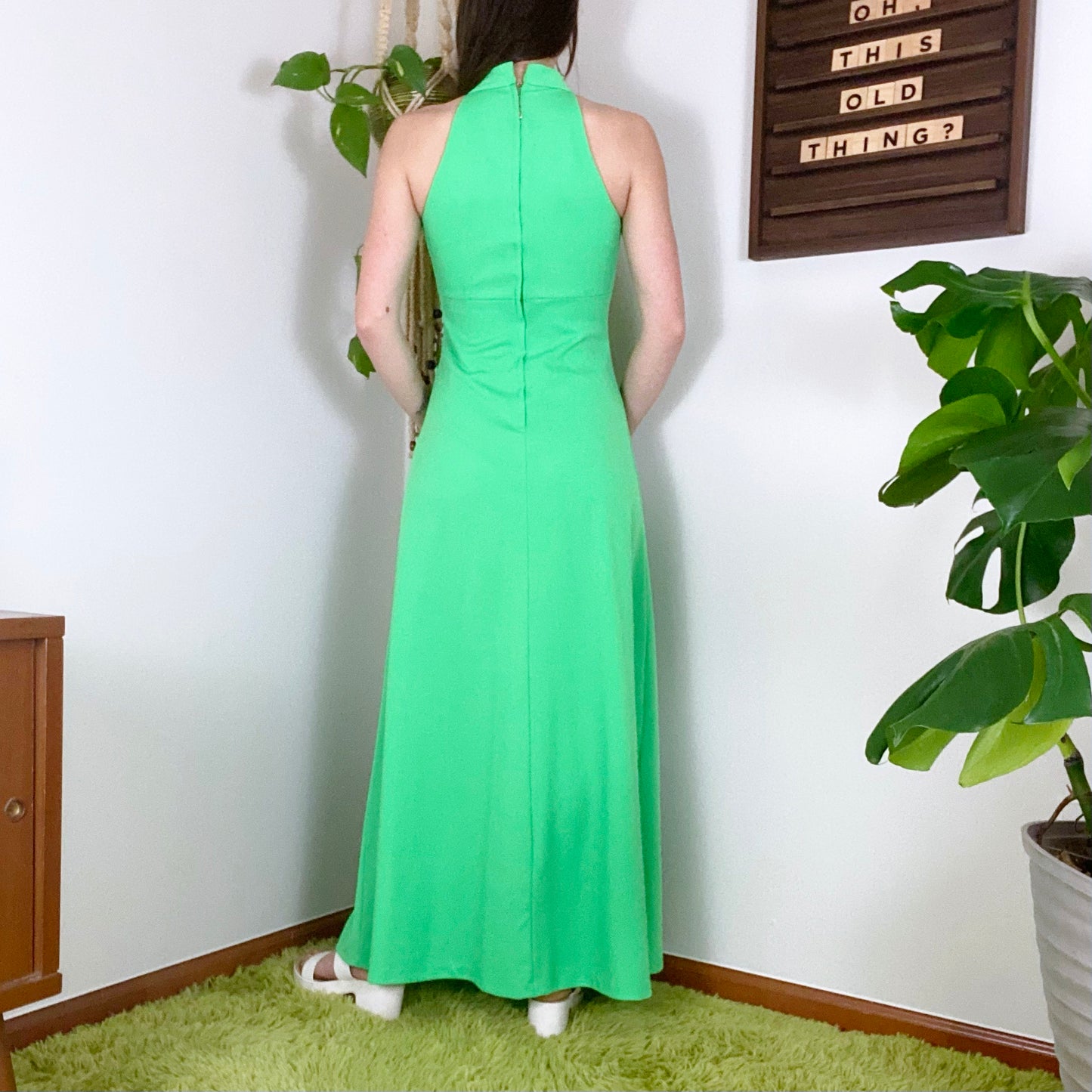 70s Vintage Kelly Green Faux Pearl Detailed Maxi Gown