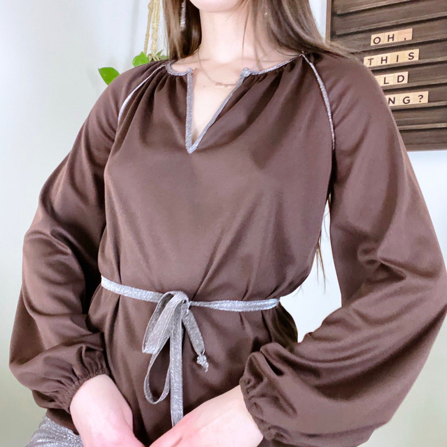 60s Vintage Brown and Silver Lurex Two Piece Wide Leg Bellbottom and Tunic Set