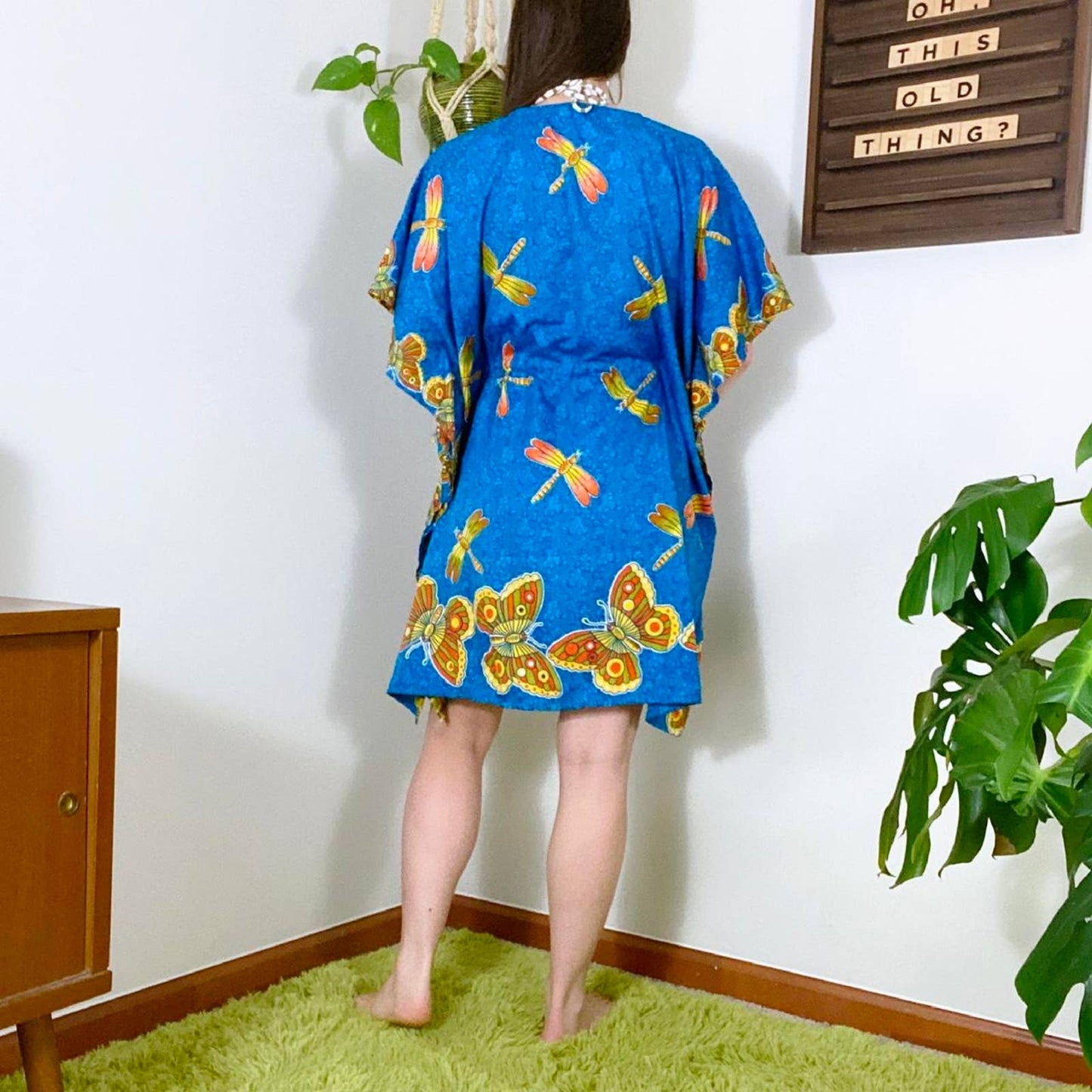 80s Vintage Orange Green and Blue Butterfly and Dragonfly Print Kaftan Swimsuit Coverup