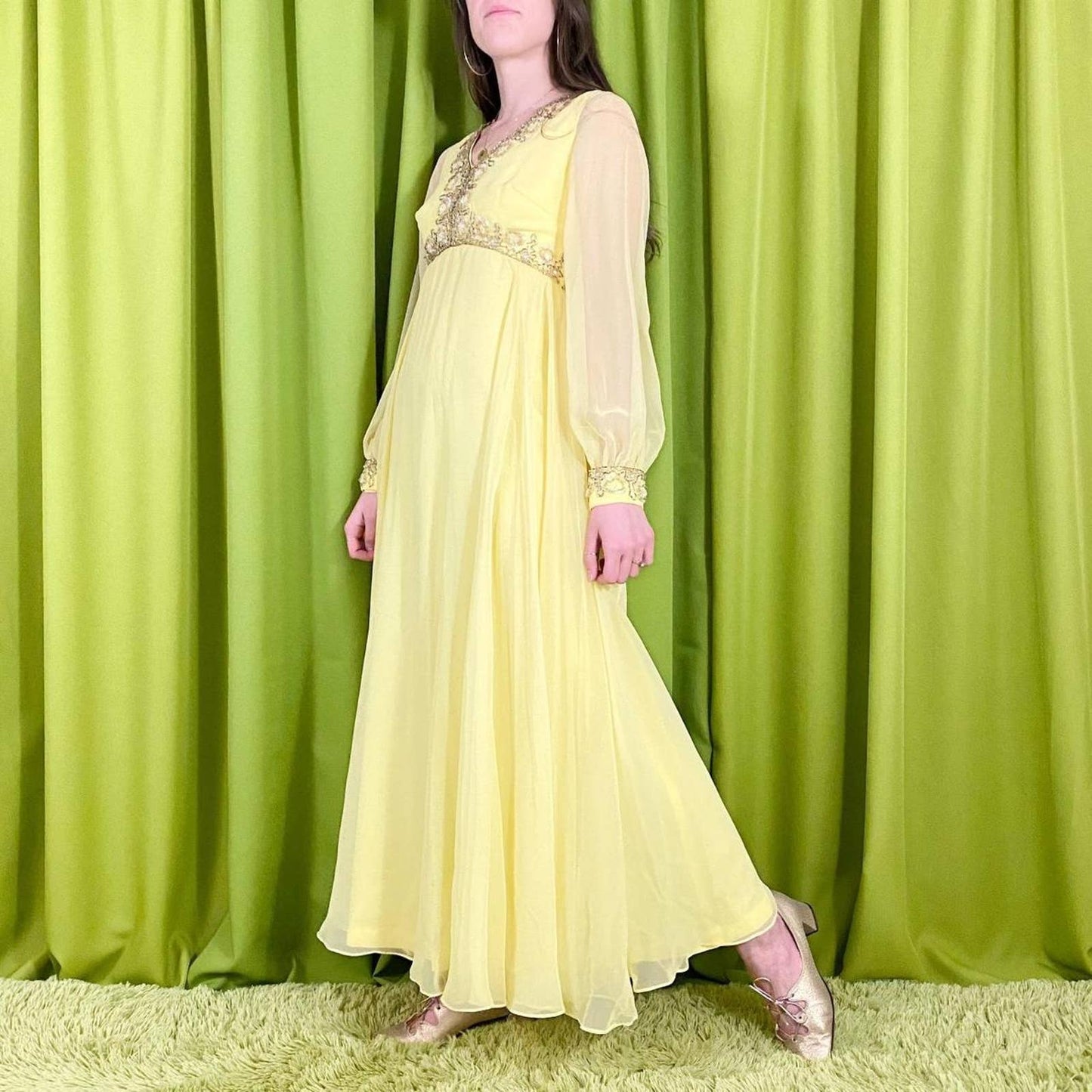 60s Vintage Butter Yellow and Gold Sheer Bishop Sleeve Hand Beaded Party Dress