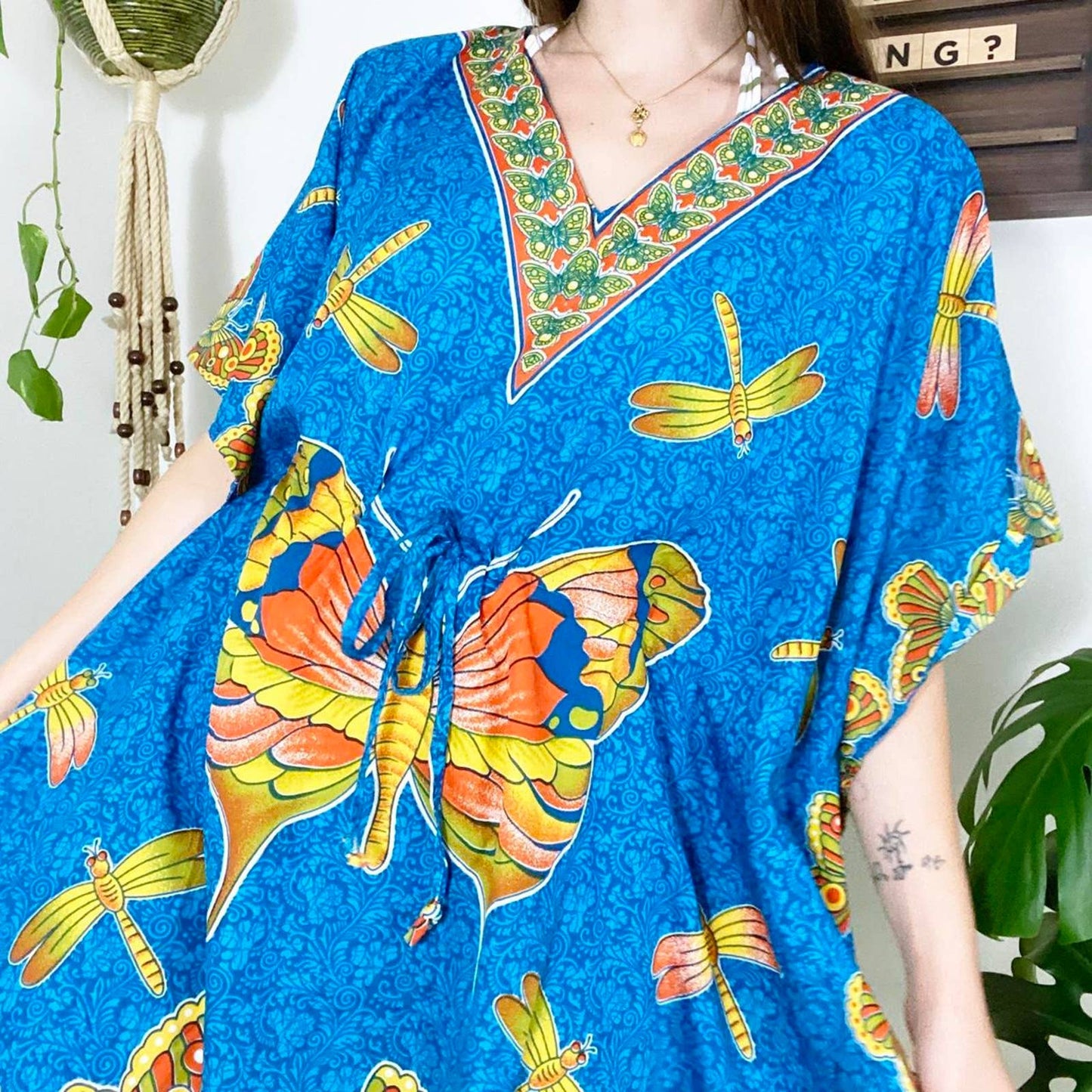 80s Vintage Orange Green and Blue Butterfly and Dragonfly Print Kaftan Swimsuit Coverup