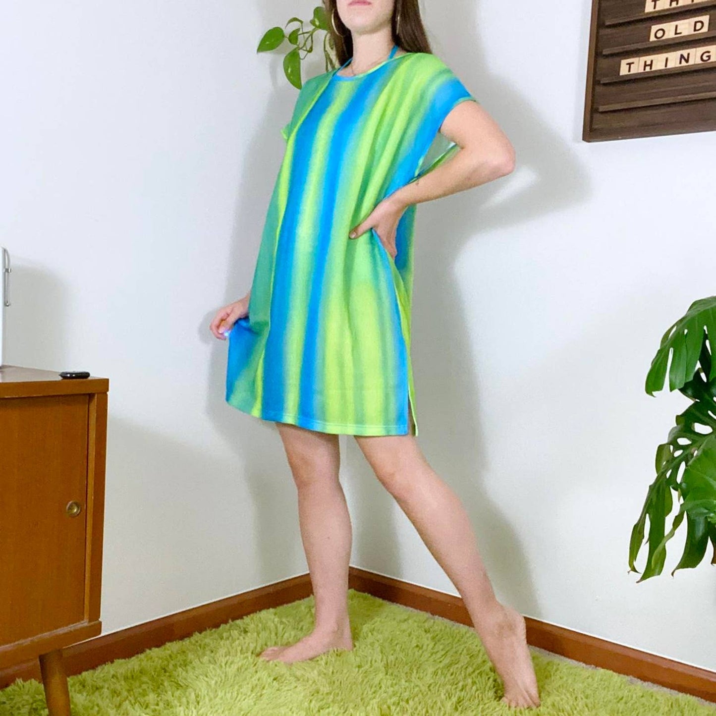 NWT 90s Vintage Green and Blue Ombré Netted Tank Style Swimsuit Coverup