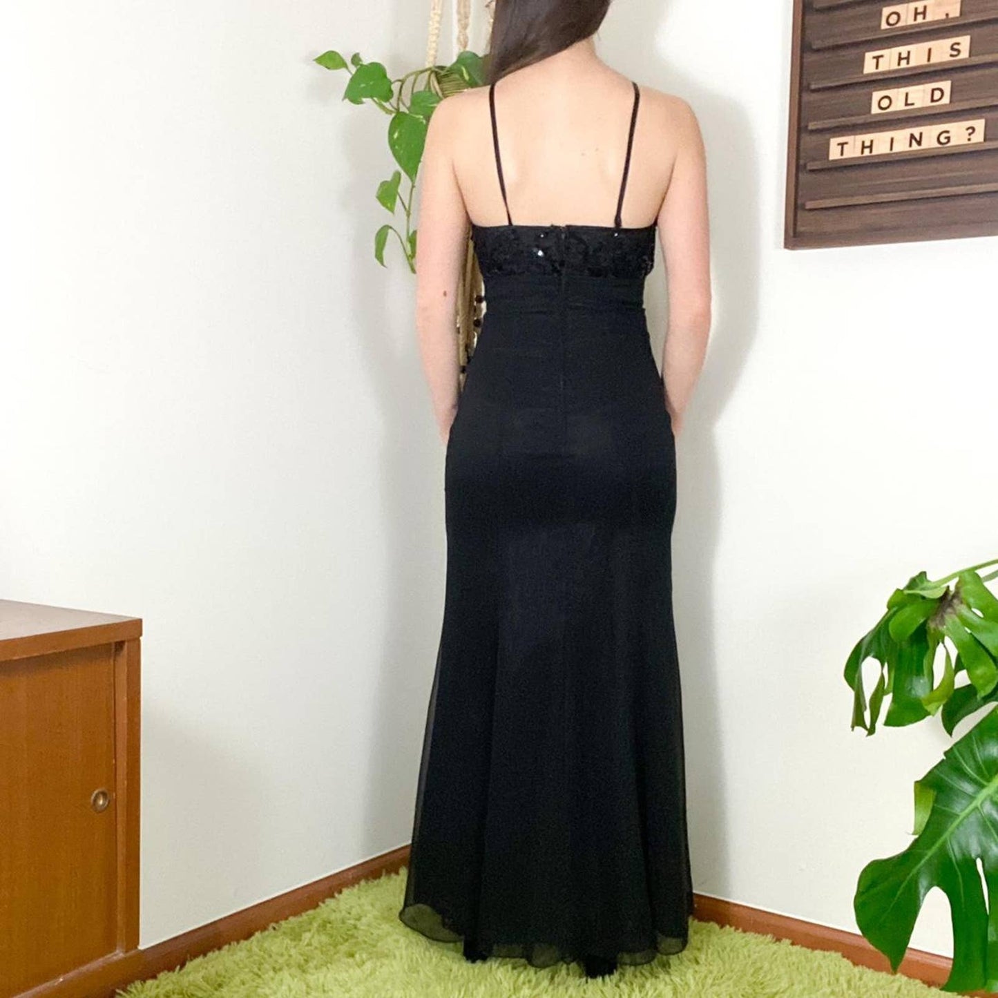 90s Vintage Black Trumpet Mermaid Style High Neck Sequin Formal Dress