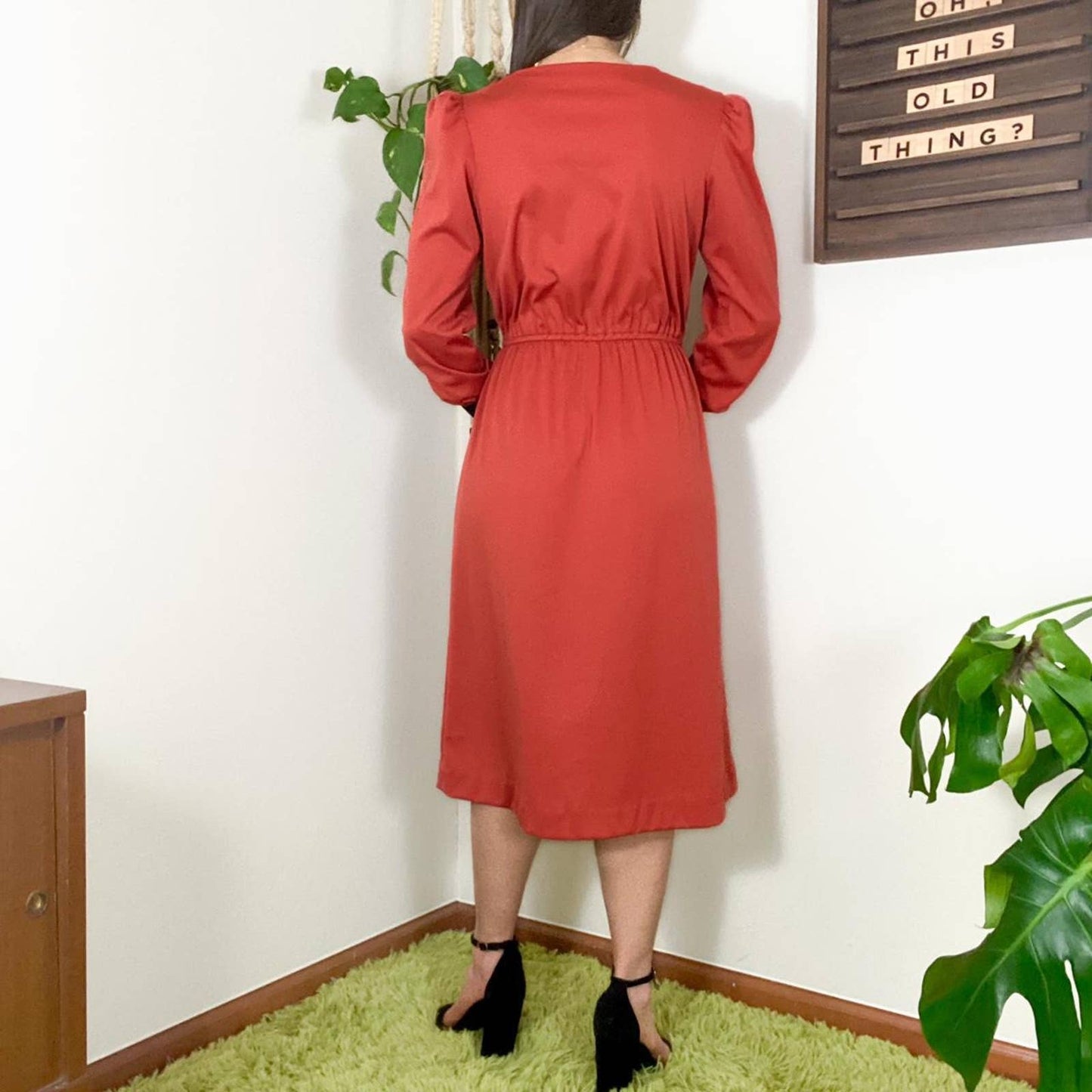 70s Vintage Burnt Orange and Black Polyester Cowl Neck Midi Dress