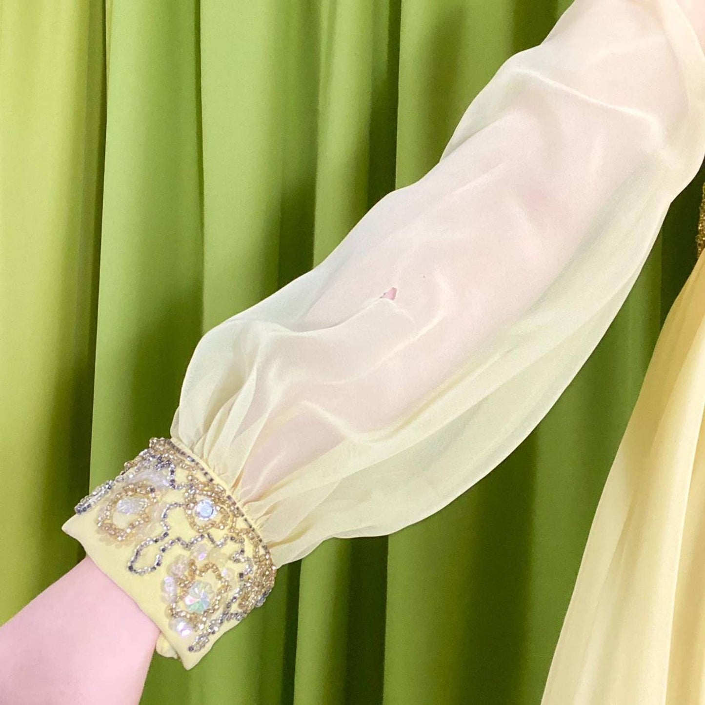 60s Vintage Butter Yellow and Gold Sheer Bishop Sleeve Hand Beaded Party Dress