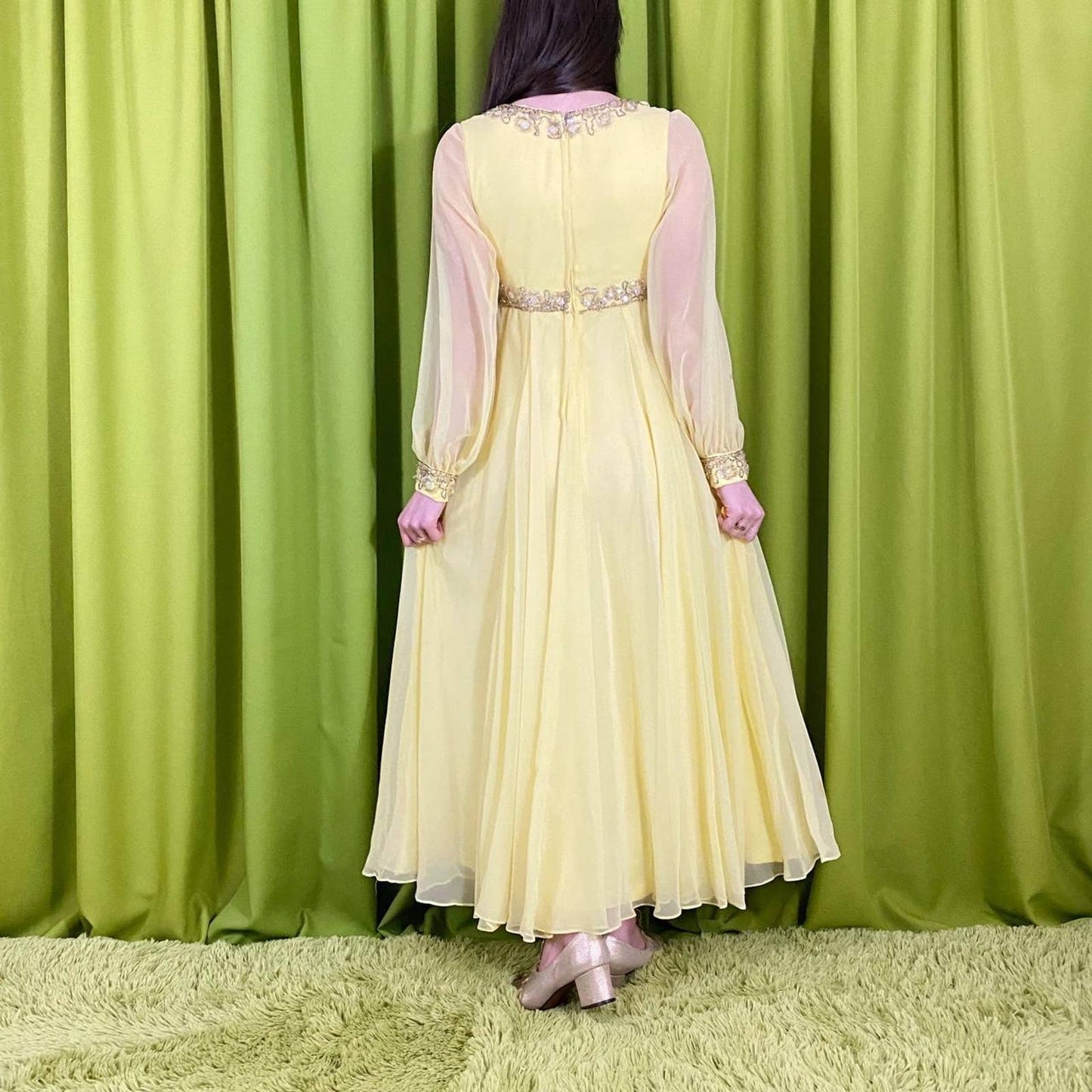 60s Vintage Butter Yellow and Gold Sheer Bishop Sleeve Hand Beaded Party Dress