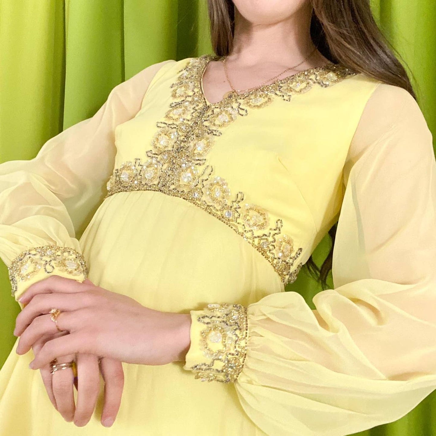 60s Vintage Butter Yellow and Gold Sheer Bishop Sleeve Hand Beaded Party Dress