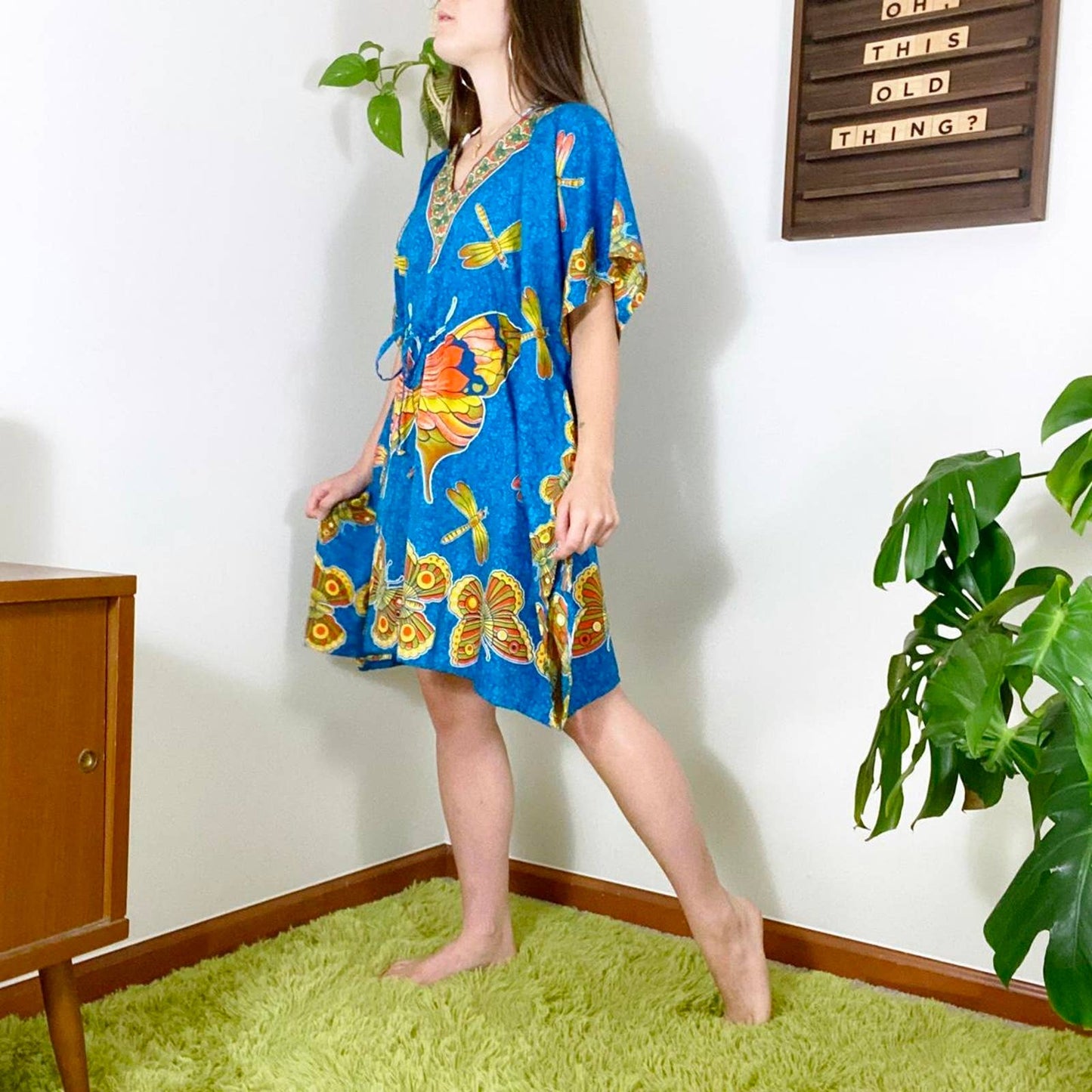 80s Vintage Orange Green and Blue Butterfly and Dragonfly Print Kaftan Swimsuit Coverup