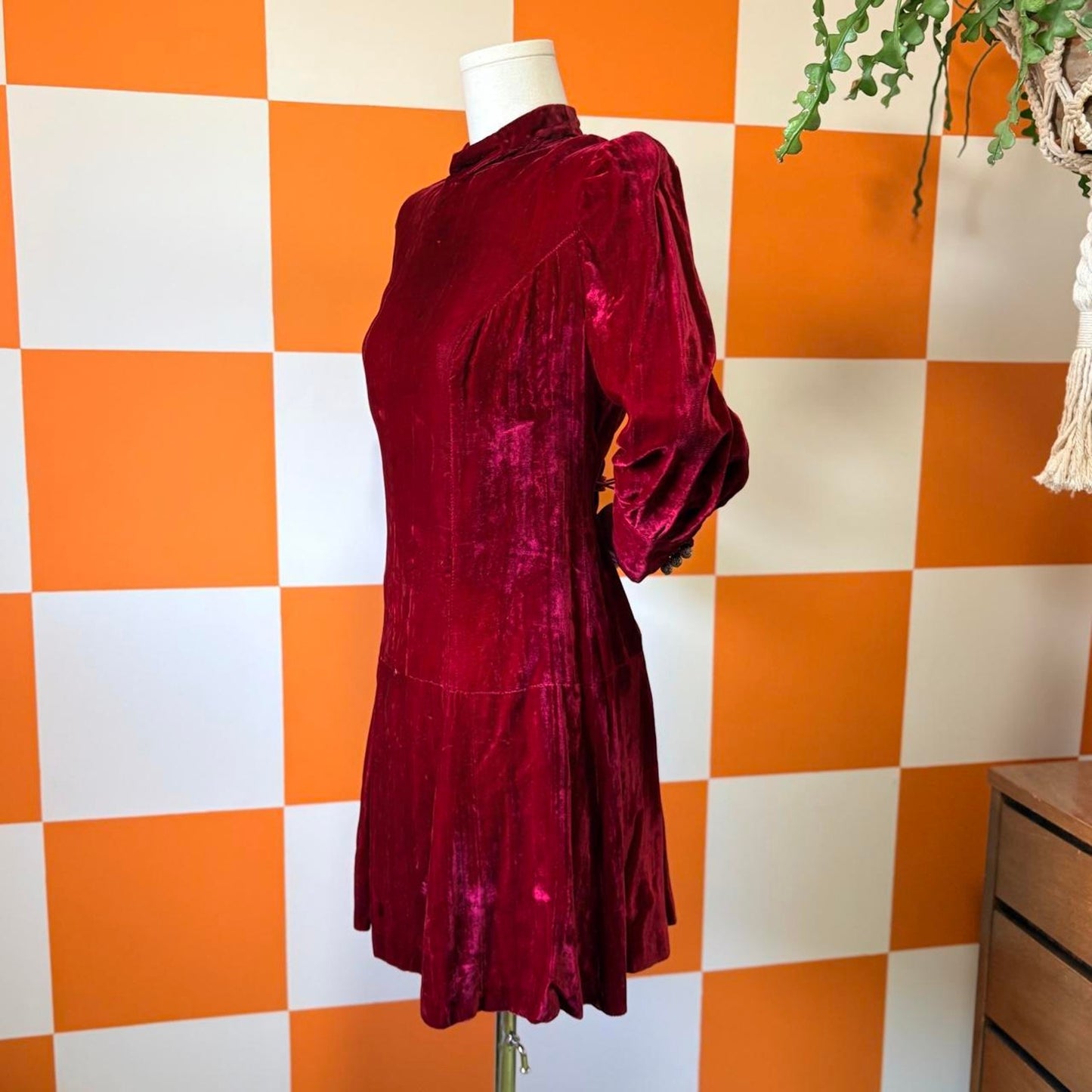 60s Vintage Maroon Red Crushed Velvet Drop Waist Mini Dress