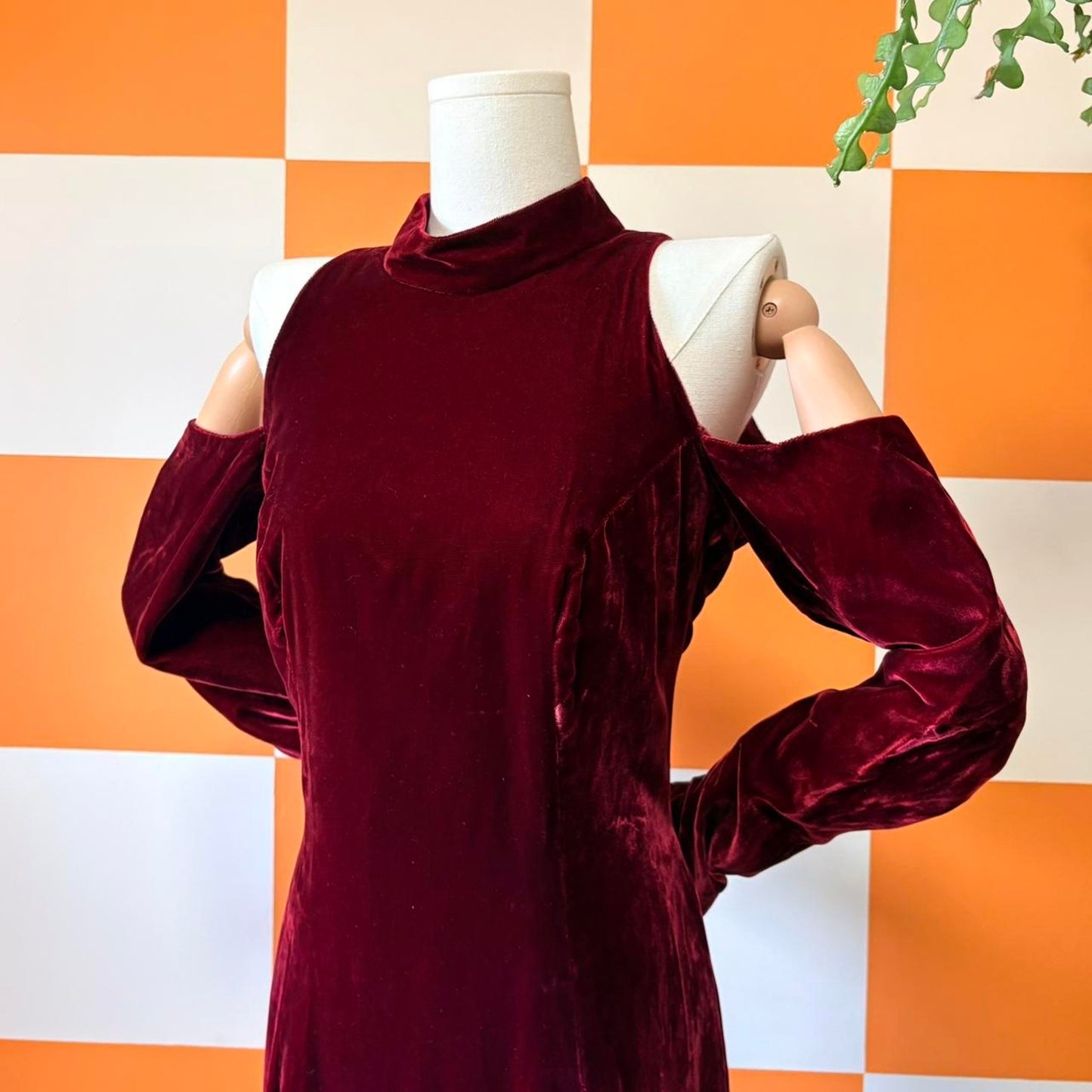 80s Vintage Maroon Velvet Cold Shoulder Keyhole Gown
