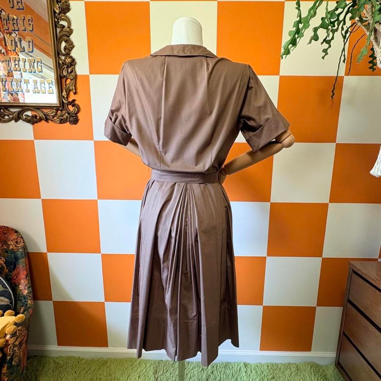 60s Vintage Chocolate Brown A Line Pleated Fit and Flare Midi Shirt Dress