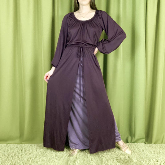 80s Vintage Dark Plum Slouchy A Line Poly Maxi Dress with Monochrome Layering