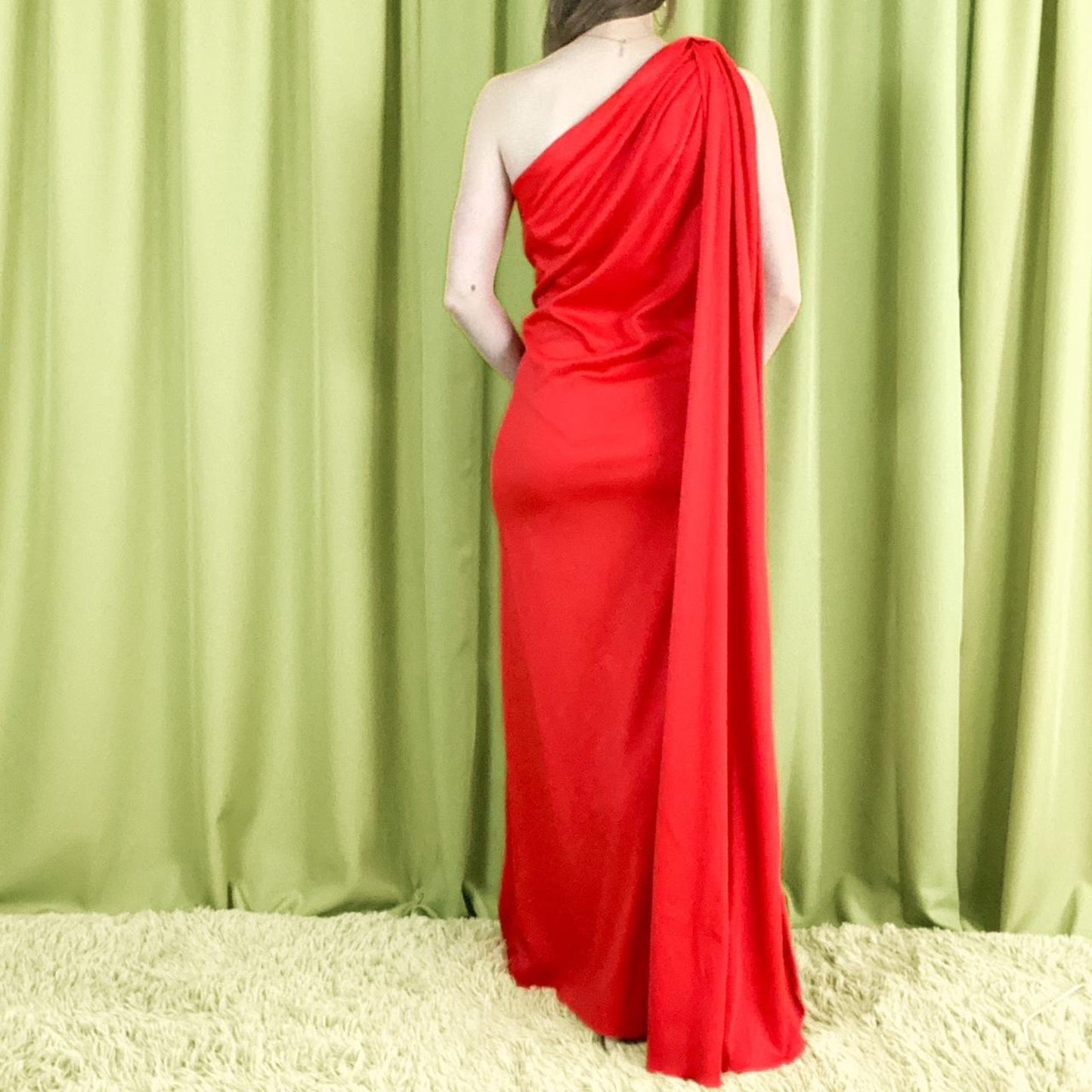 70s Vintage Red Polyester Asymmetrical Caped Floor Length Gown