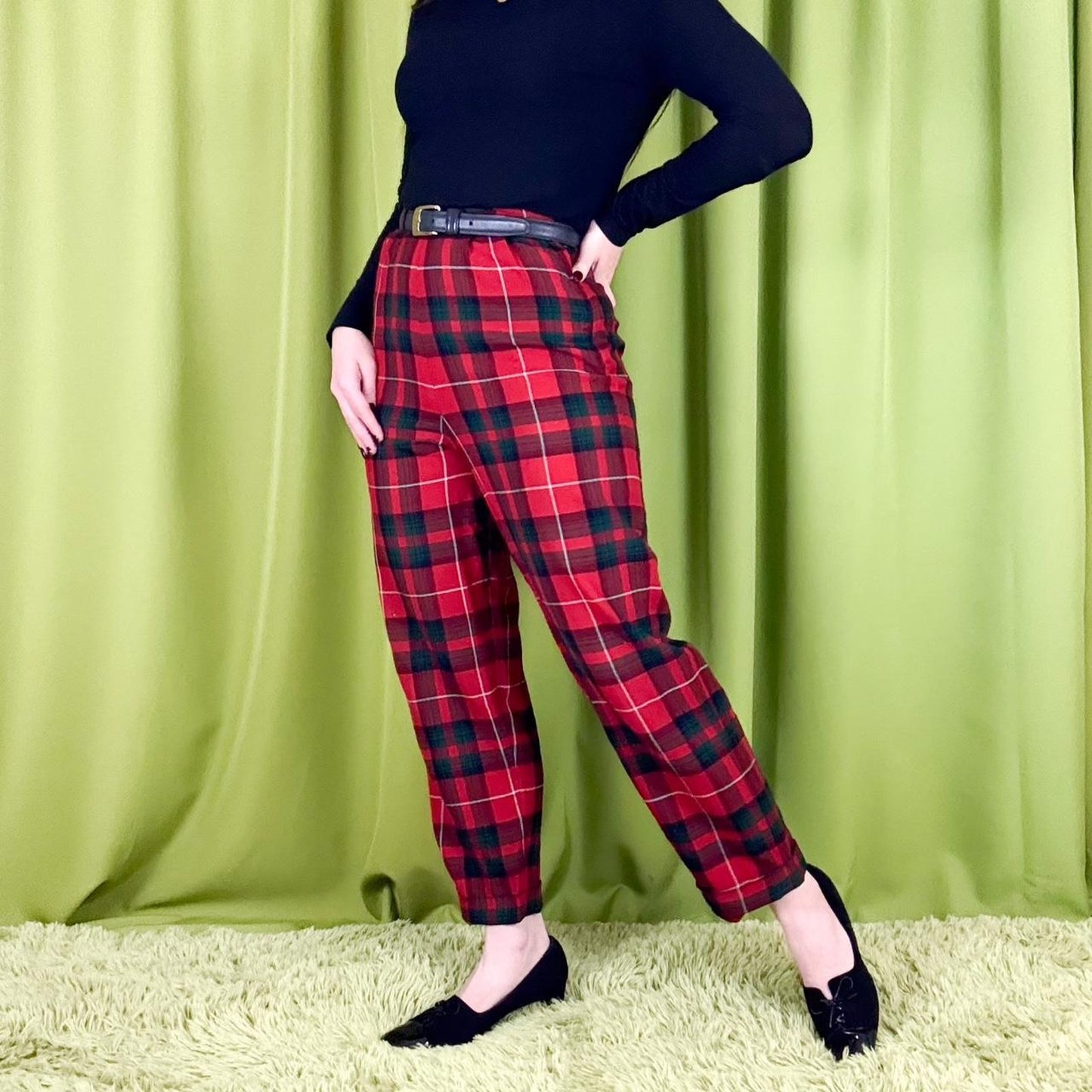 60s Vintage High-Waisted Red and Black Plaid Wool Pleated Trouser Pants