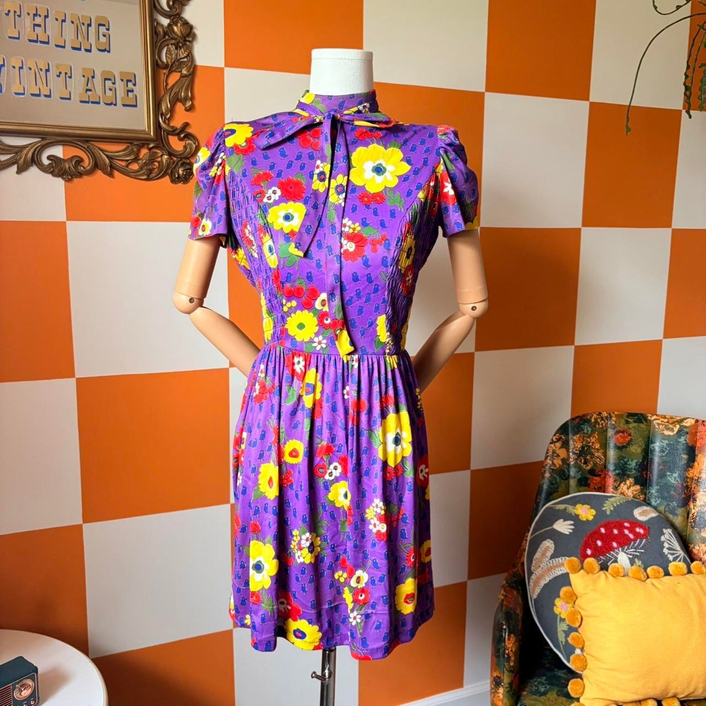 70s Vintage Purple Yellow and Red Fruit Flower Power Print Smocked Mini Dress