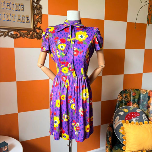 70s Vintage Purple Yellow and Red Fruit Flower Power Print Smocked Mini Dress