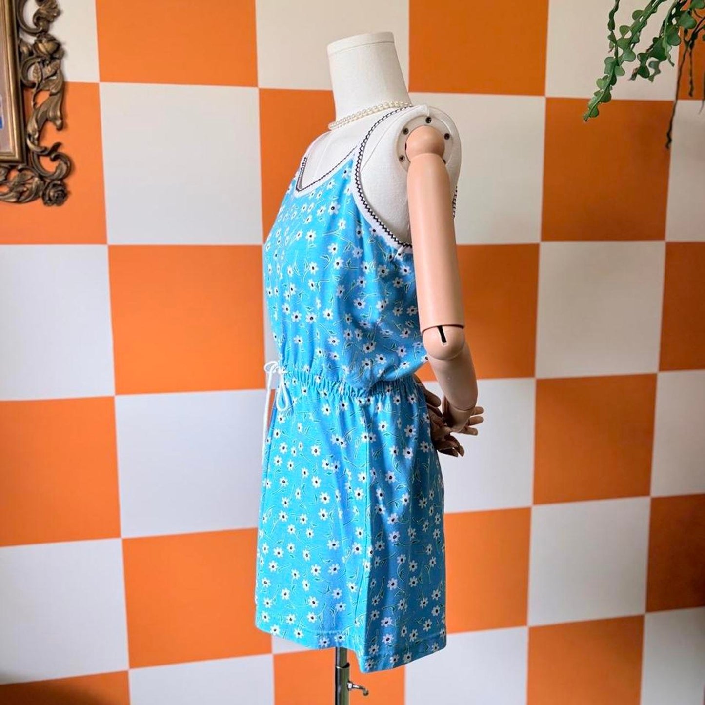 90s Vintage Bright Blue Daisy Floral Print Cotton Romper