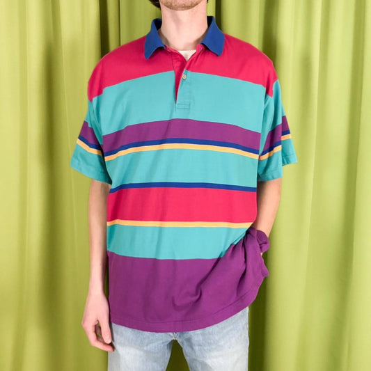 80s Vintage Multi-Coloured Striped Polo Shirt