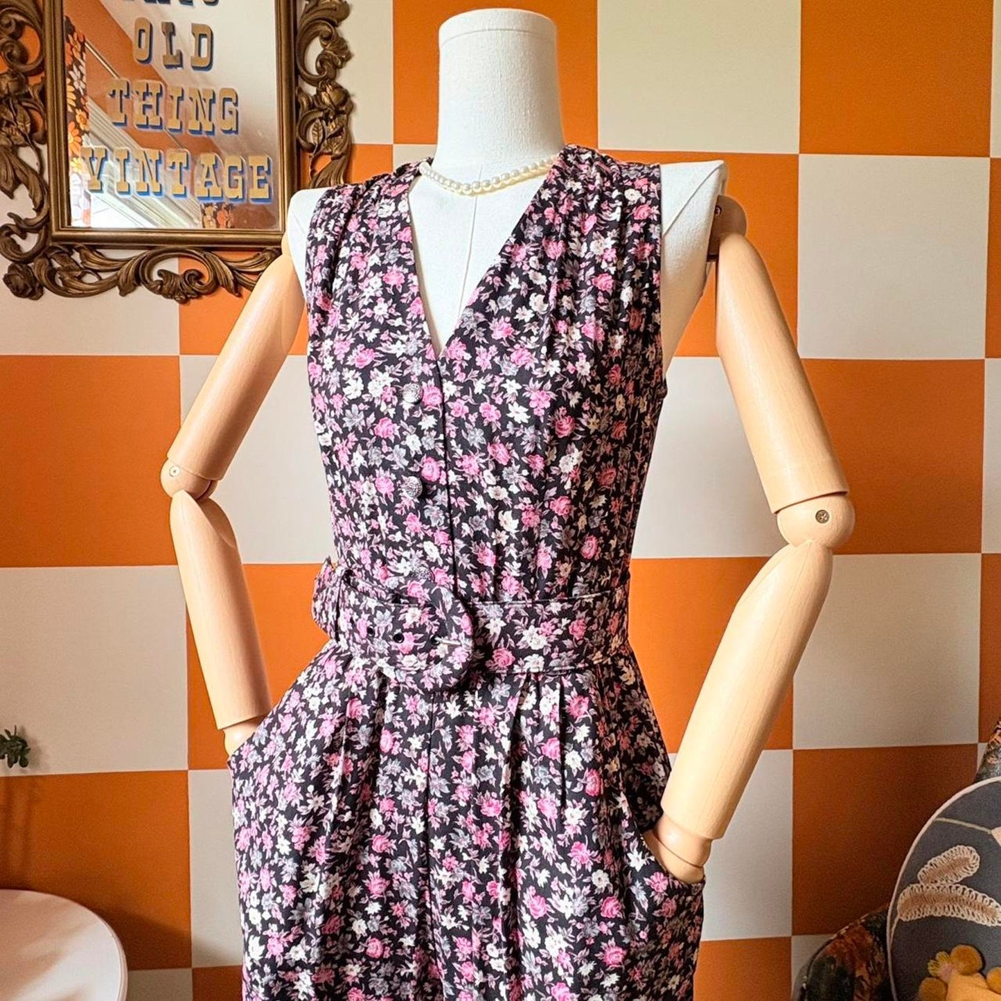 90s Vintage Pink and Black Floral Print Jumpsuit with Belt