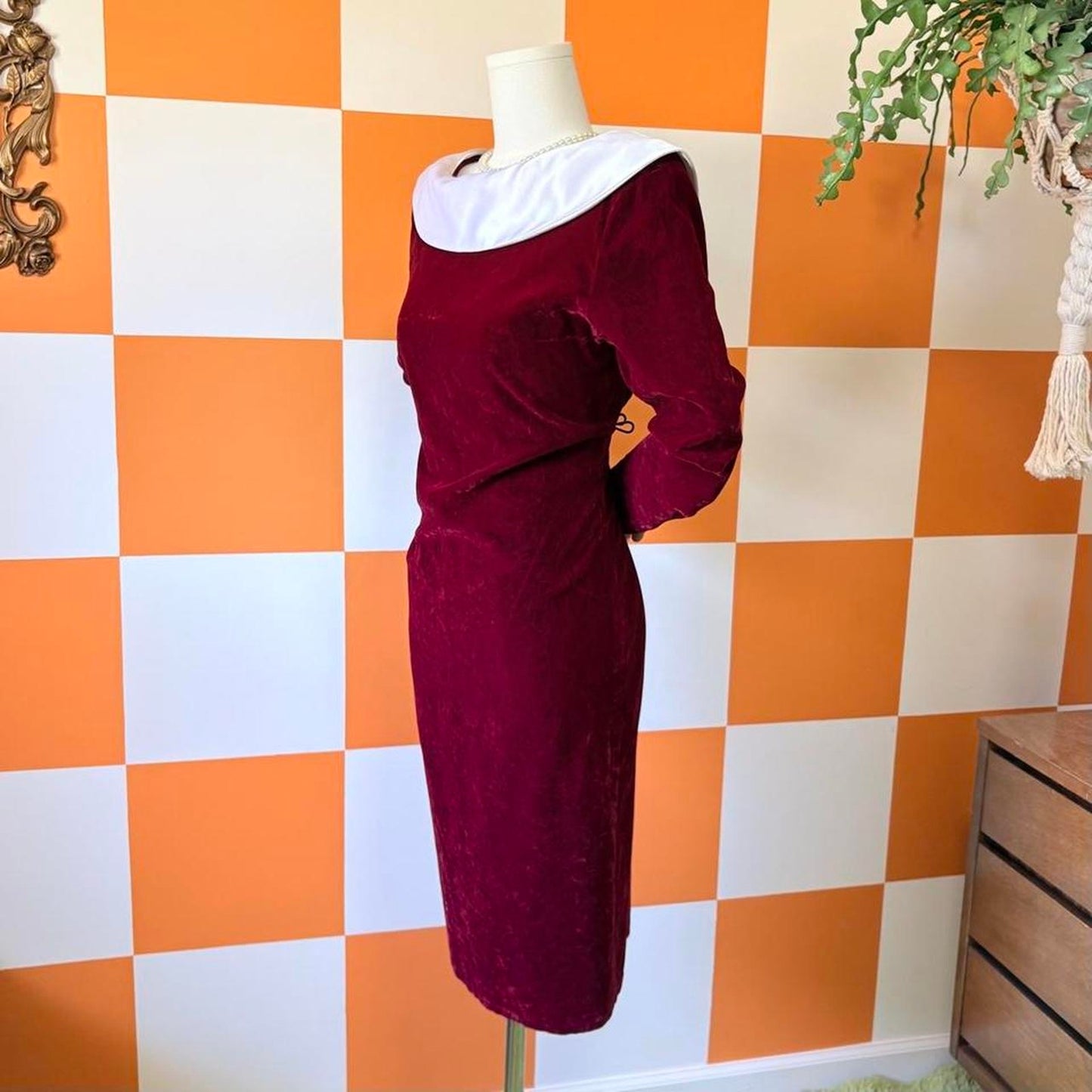80s Vintage Maroon Velvet Midi Dress with White Satin Cowl Boat Neck Collar