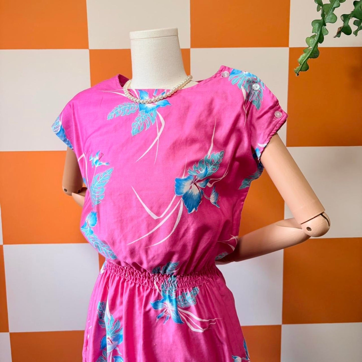 80s Vintage Hot Pink and Blue Floral Hawaiian Print Sundress