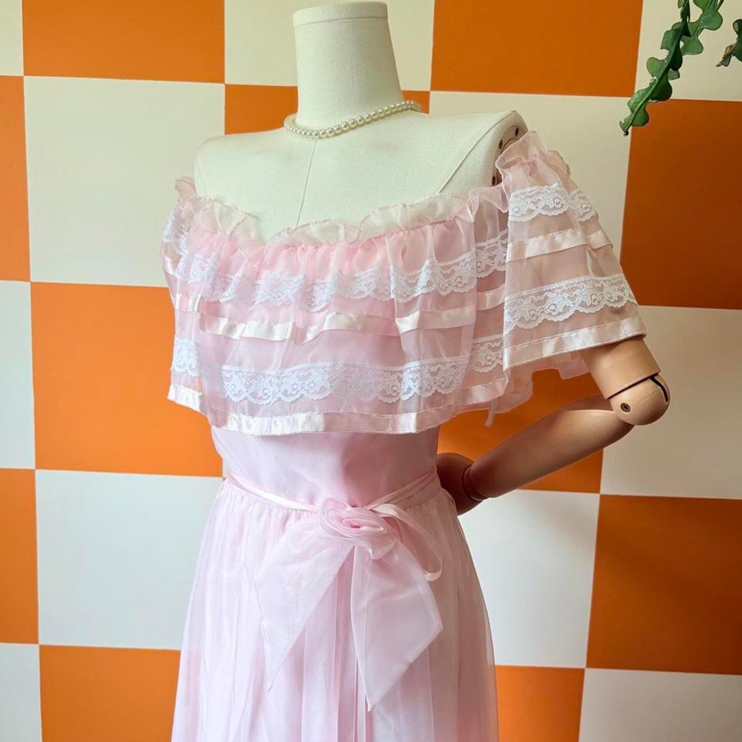 70s Vintage Pastel Pink Lace Off The Shoulder Prairie Style Formal Gown