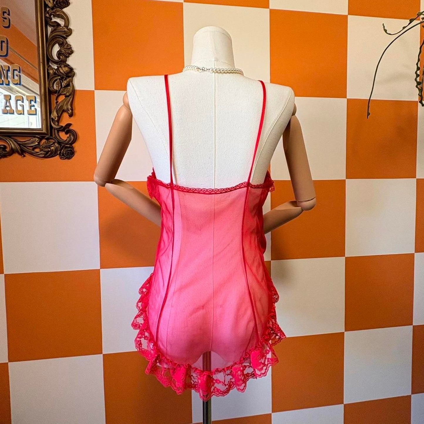 80s Vintage Lace Ruffled See Through Red Camisole