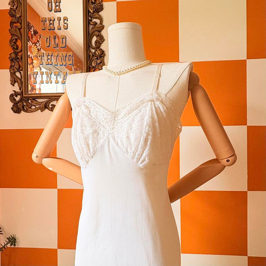 60s Vintage White Lace Nylon Midi Slip Dress
