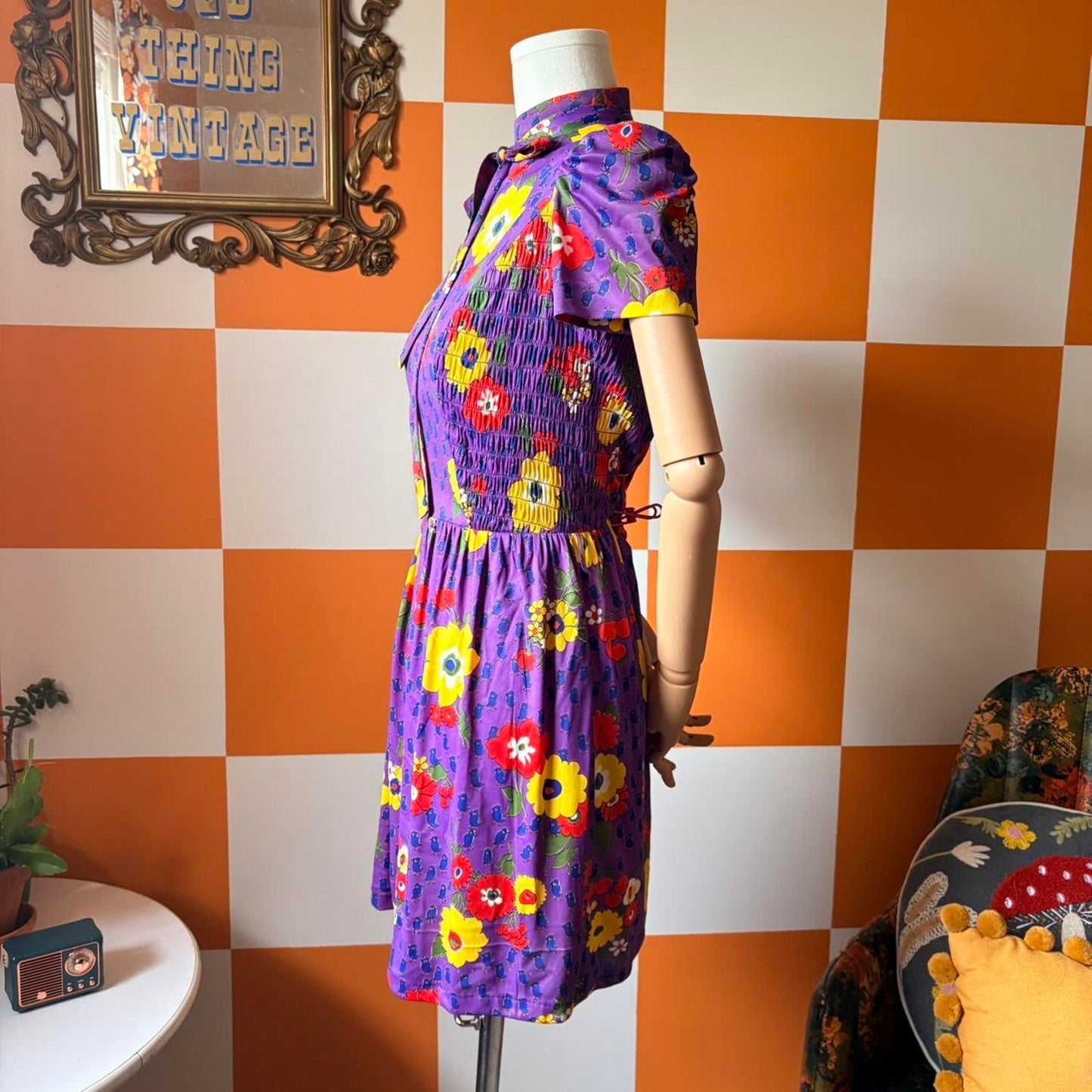 70s Vintage Purple Yellow and Red Fruit Flower Power Print Smocked Mini Dress