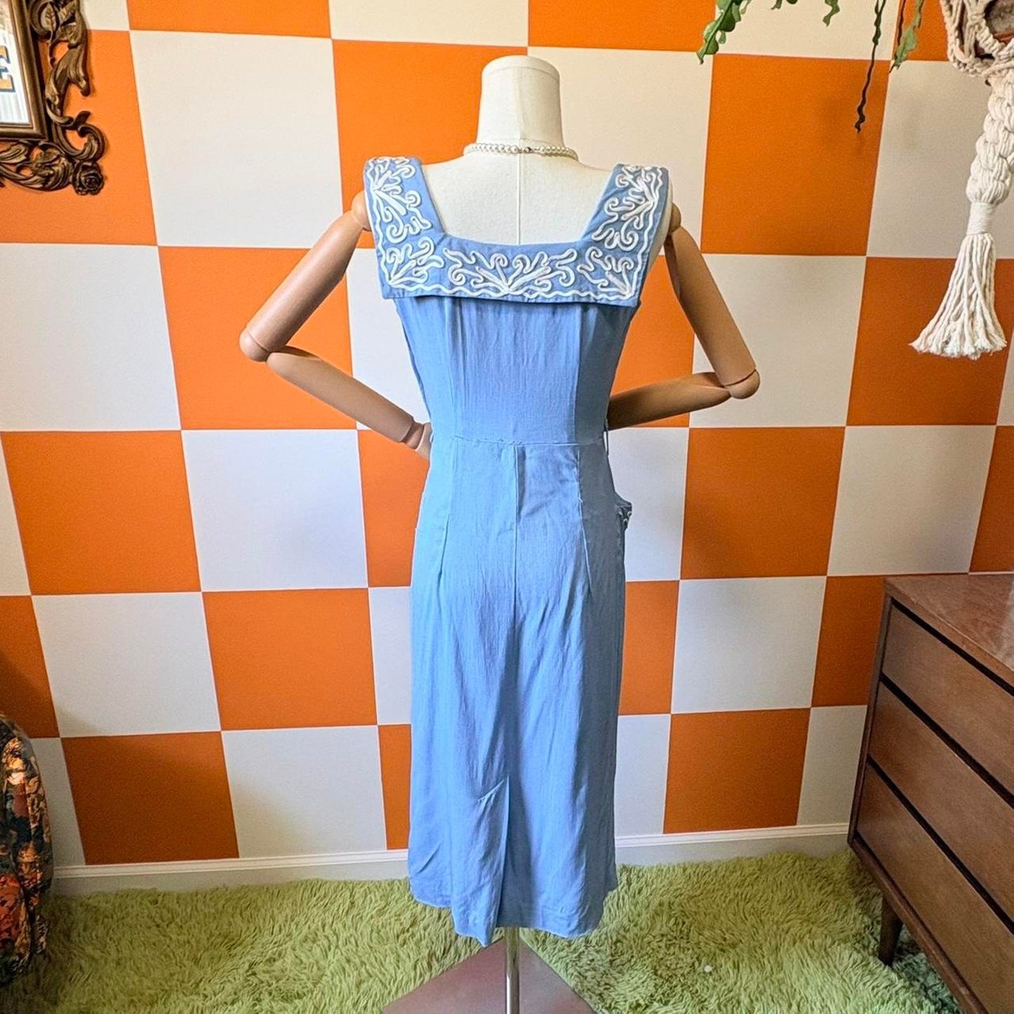 50s Vintage Sky Blue and White Ribboned Wiggle Dress with Sailor Collar