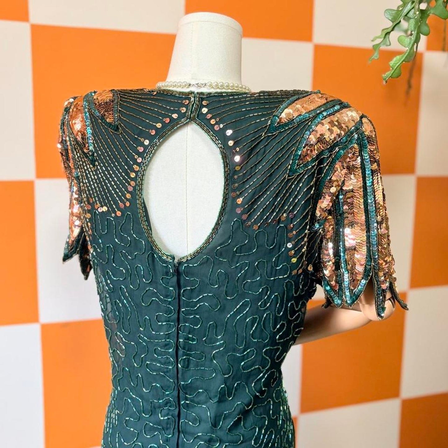 80s Vintage Emerald Green and Gold Sequin Glass Beaded Silk Dress