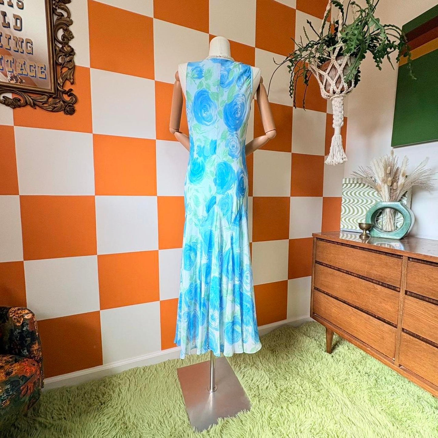 Y2K Vintage Blue Floral 100% Silk Bias Cut Maxi Dress