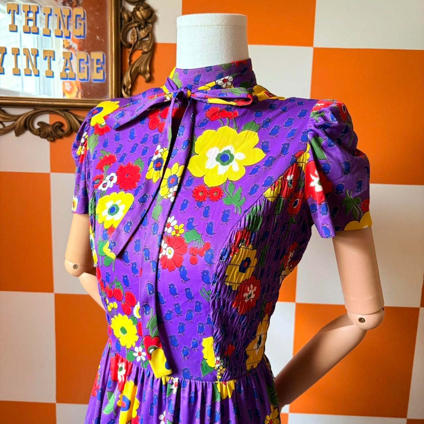 70s Vintage Purple Yellow and Red Fruit Flower Power Print Smocked Mini Dress