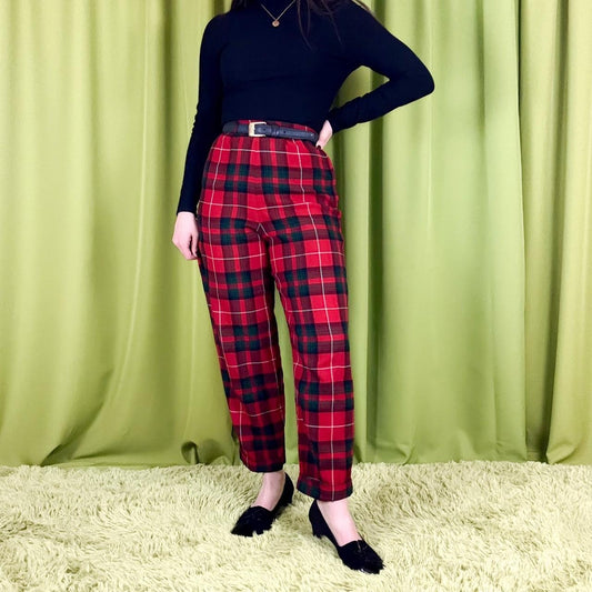 60s Vintage High-Waisted Red and Black Plaid Wool Pleated Trouser Pants