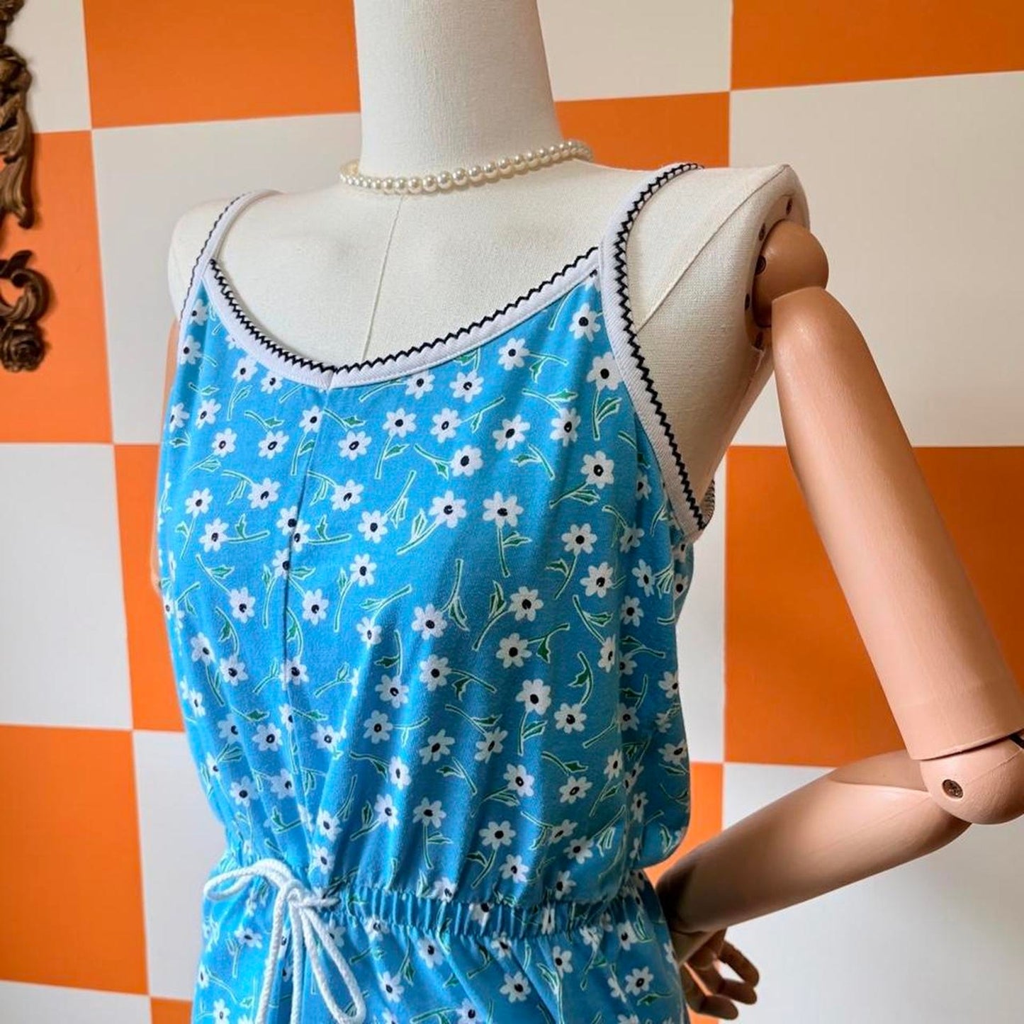 90s Vintage Bright Blue Daisy Floral Print Cotton Romper