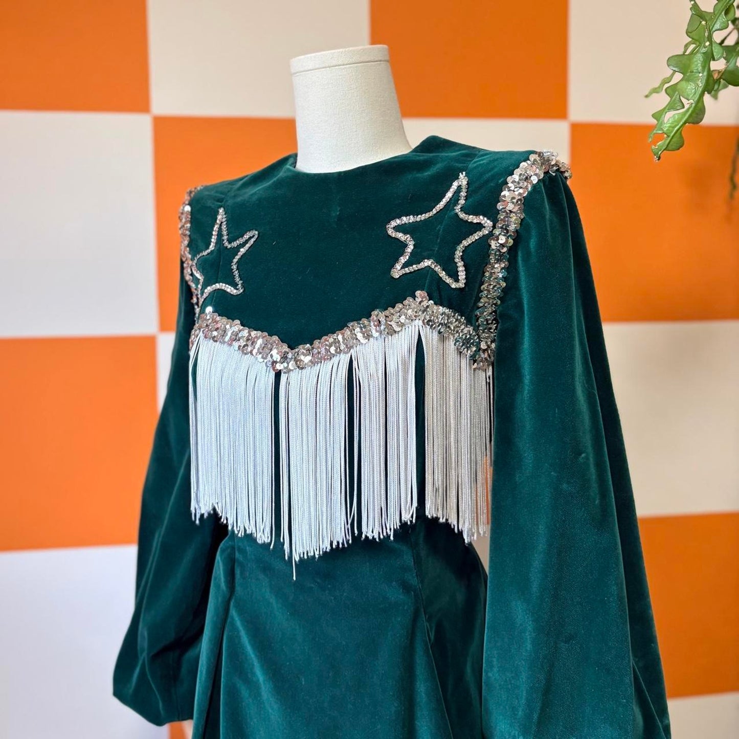 70s Vintage Emerald Green Velvet Balloon Sleeve Sequin Fringe Majorette Dress