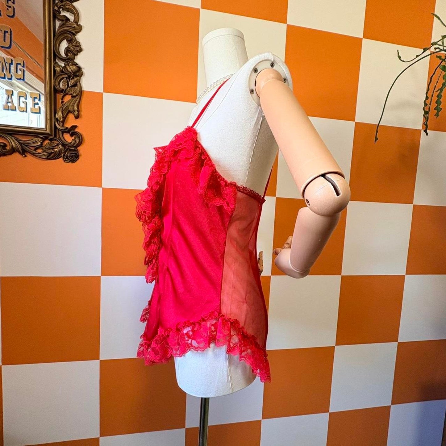 80s Vintage Lace Ruffled See Through Red Camisole