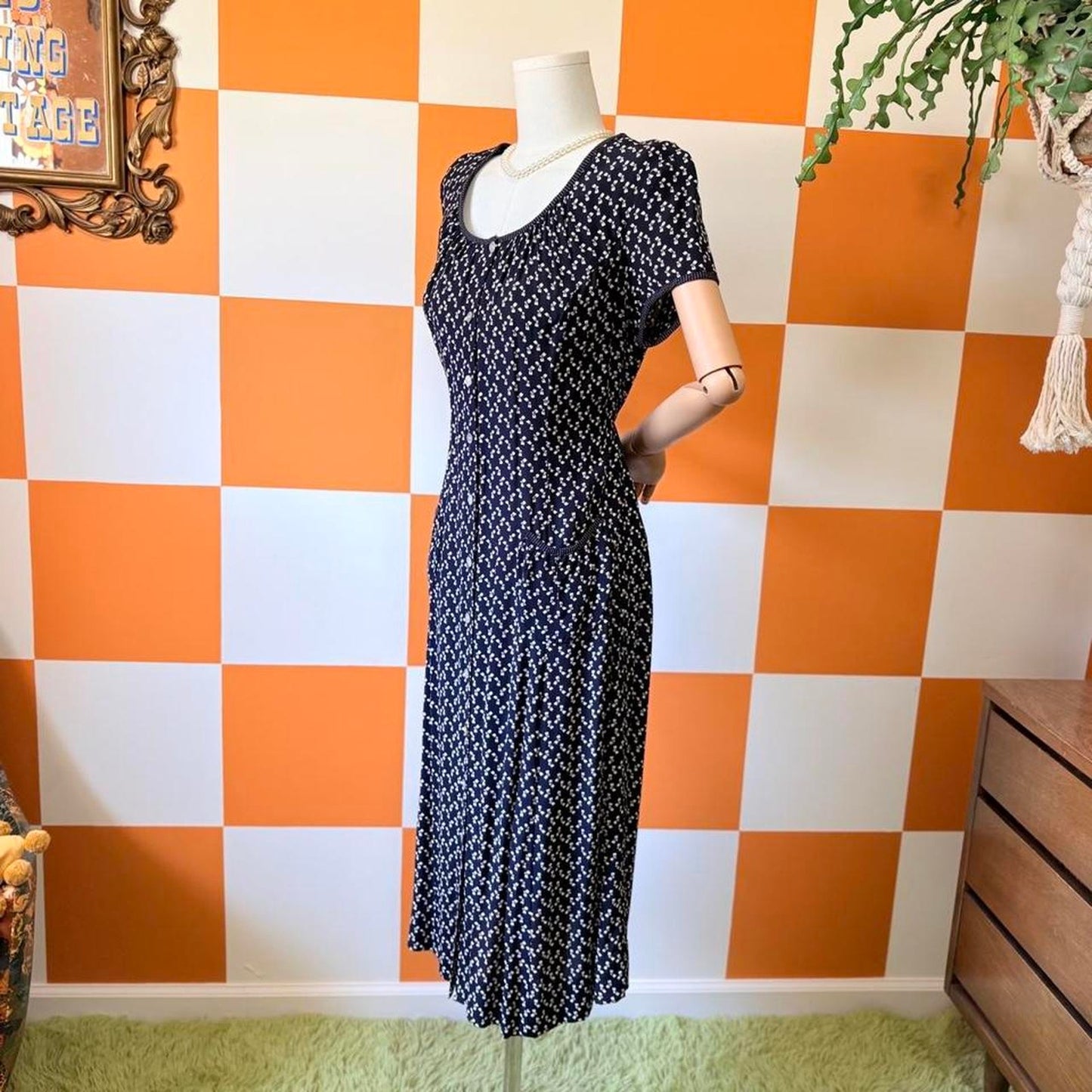 90s Vintage Navy Blue and White Bow Print Scoop Neck Shirt Dress
