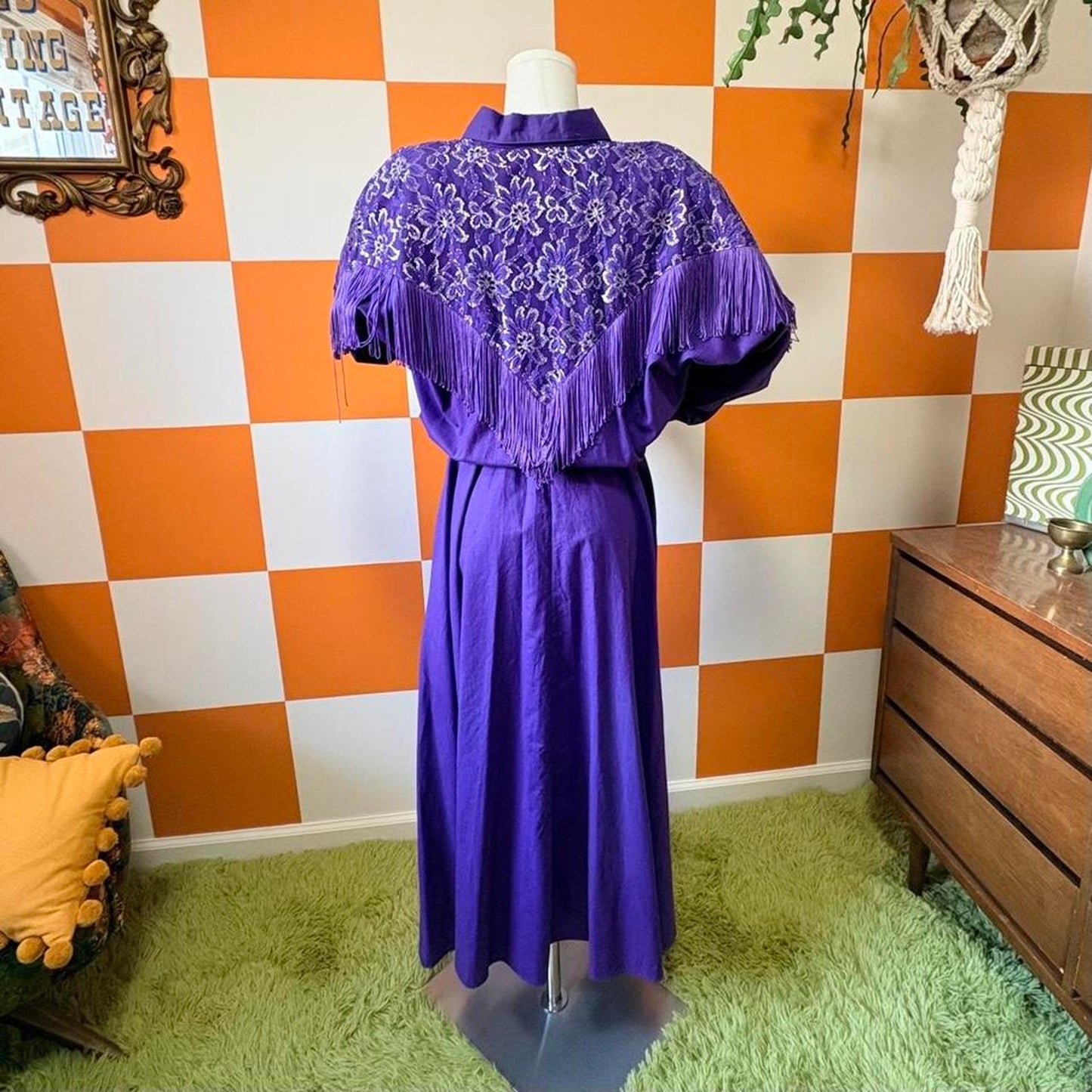 80s Vintage Purple Lace Fringe Midi Western Cowgirl Dress