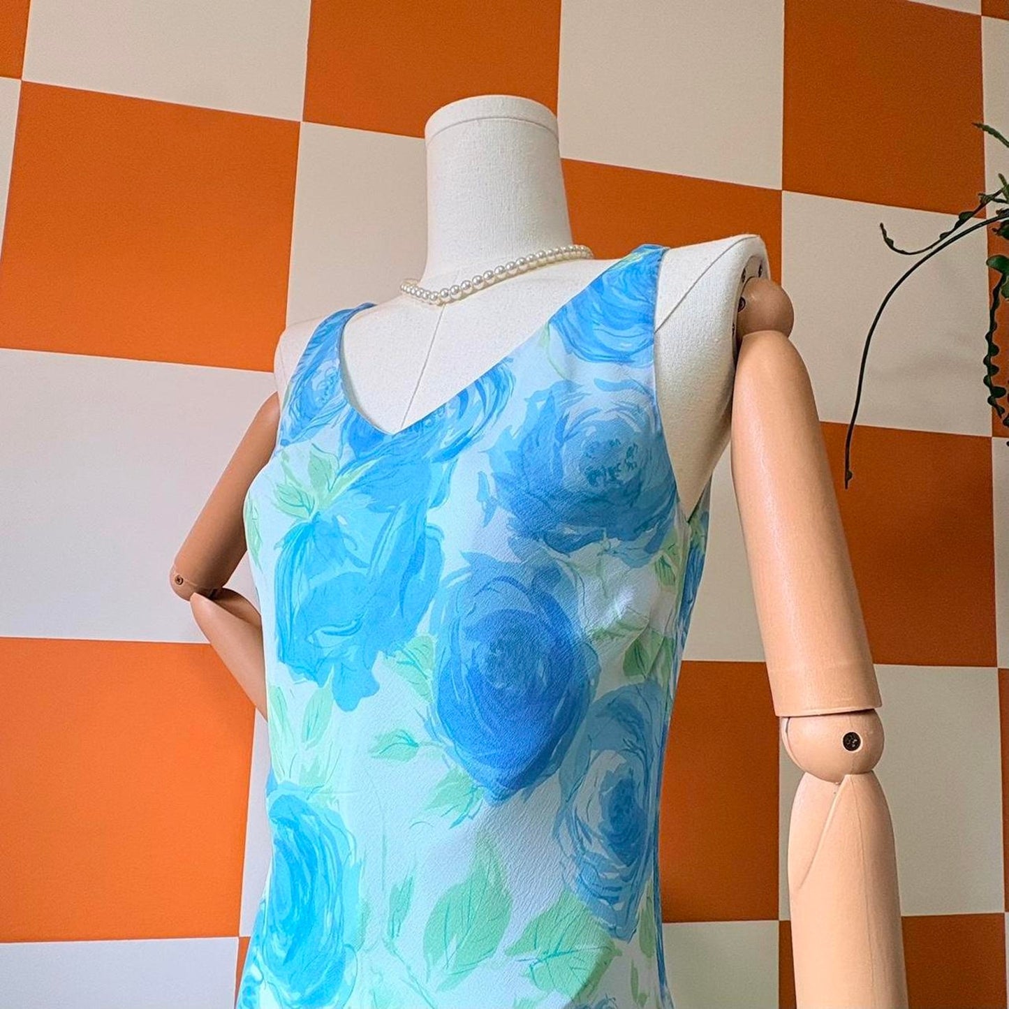 Y2K Vintage Blue Floral 100% Silk Bias Cut Maxi Dress